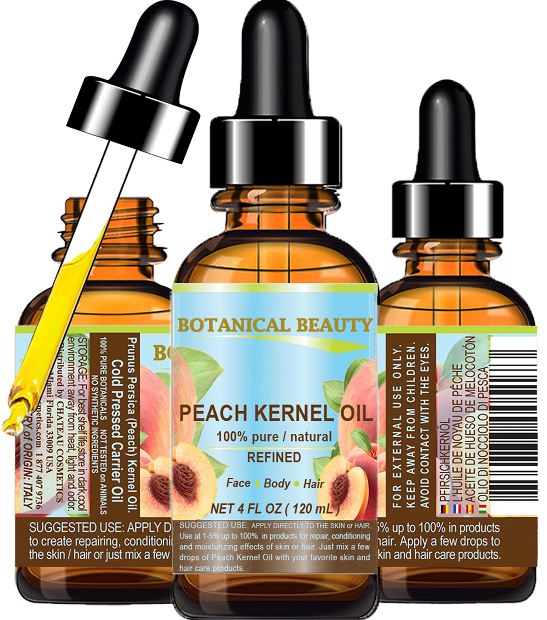 Peach Kernel Oil. 100% Pure Natural Undiluted Refined Cold Pressed Carrier Oil for Face, Skin, Hair, Massage, Lip, Nail Care. 4 Fl. oz-120 ml by Botanical Beauty