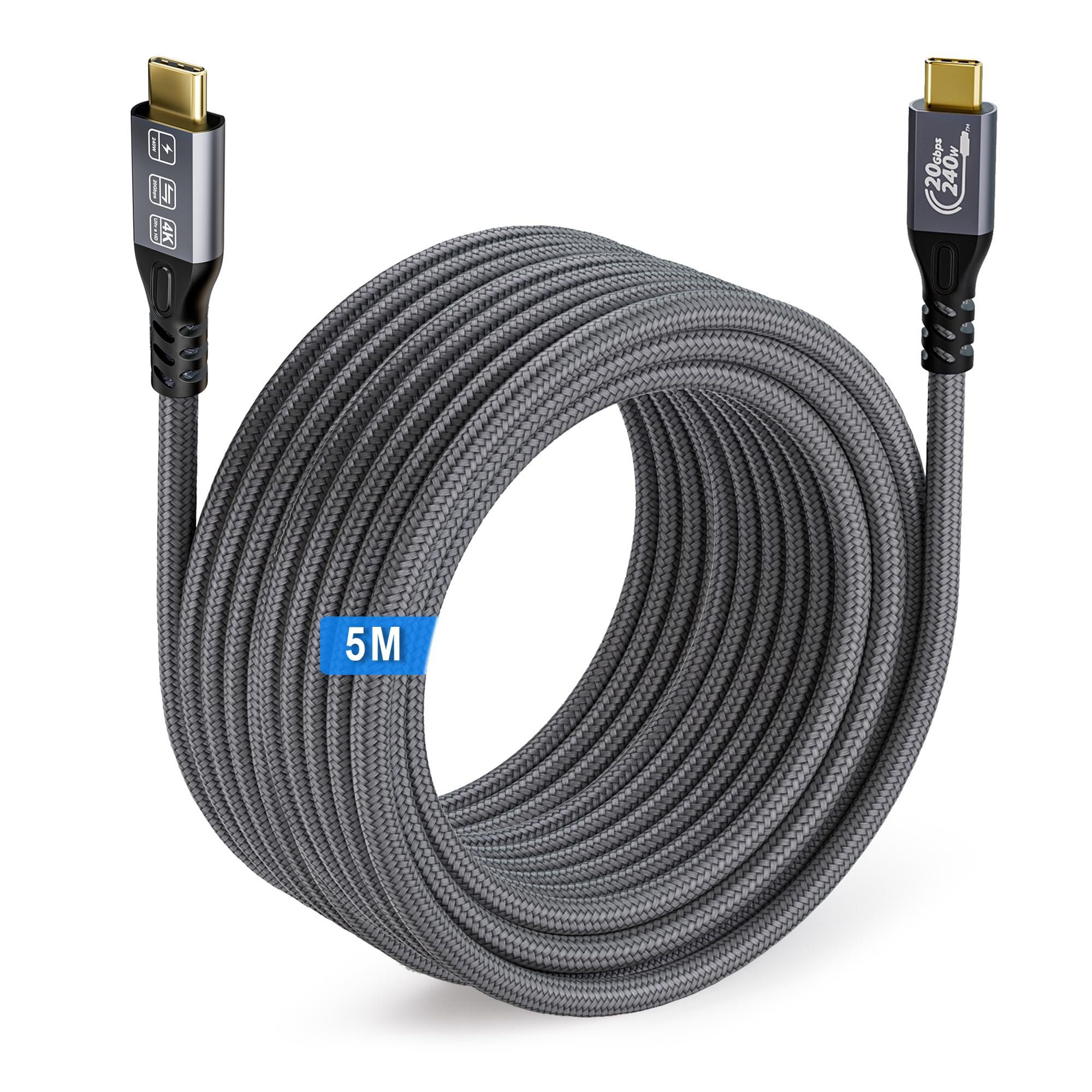MOPOCHG 240W Cavo USB C 5M, Cavo USB-C 3.2 Gen2 × 2, Velocità 20Gbps Trasmissione Video 4K@60Hz, Cavo USB Type-C Ricarica Rapida per iPhone 16/15 Pro Max, MacBook, Samsung Galaxy S24,Tablet Laptop