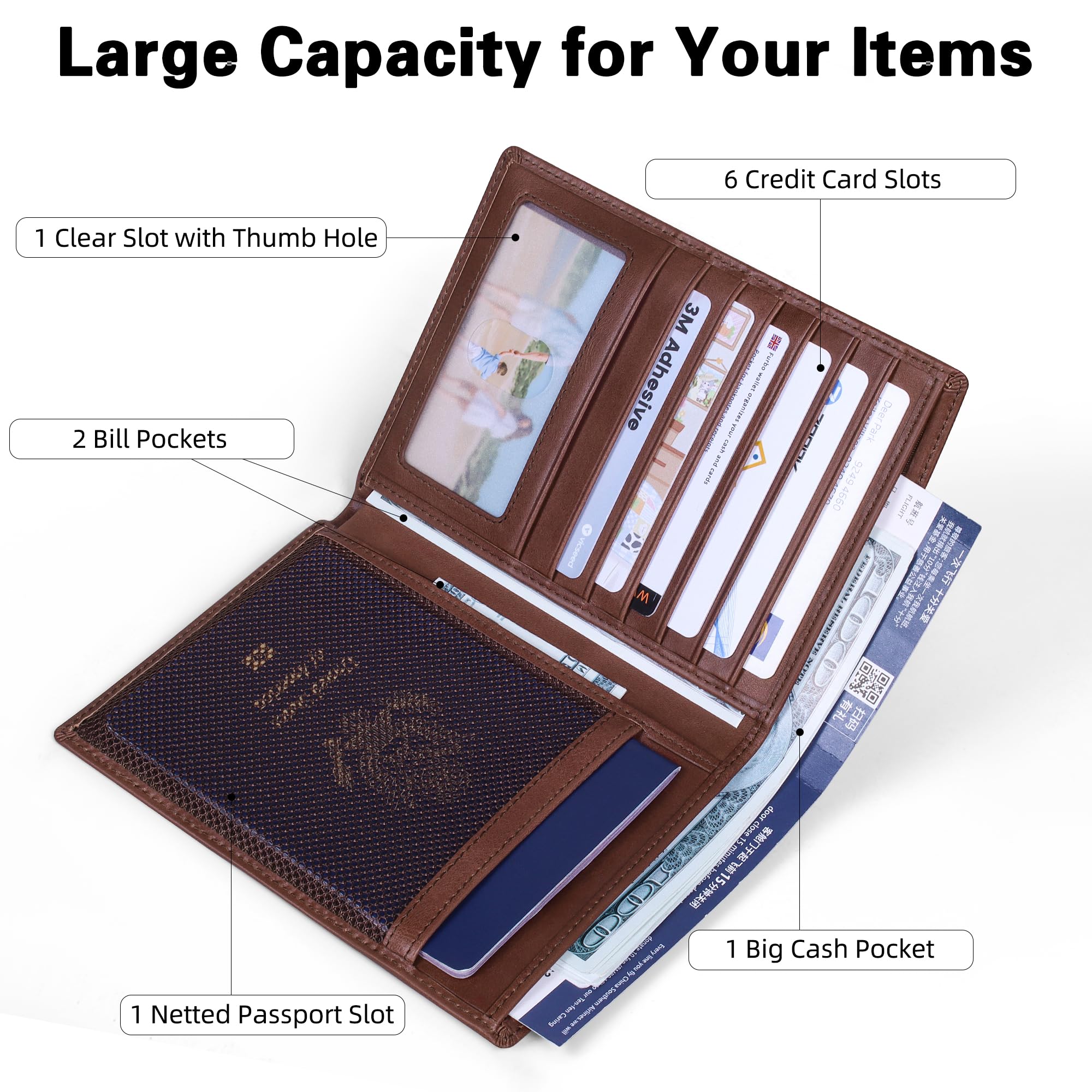 VISOUL Portafoglio da viaggio in pelle con porta passaporto, portafoglio con blocco RFID, per uomini e donne, Marrone