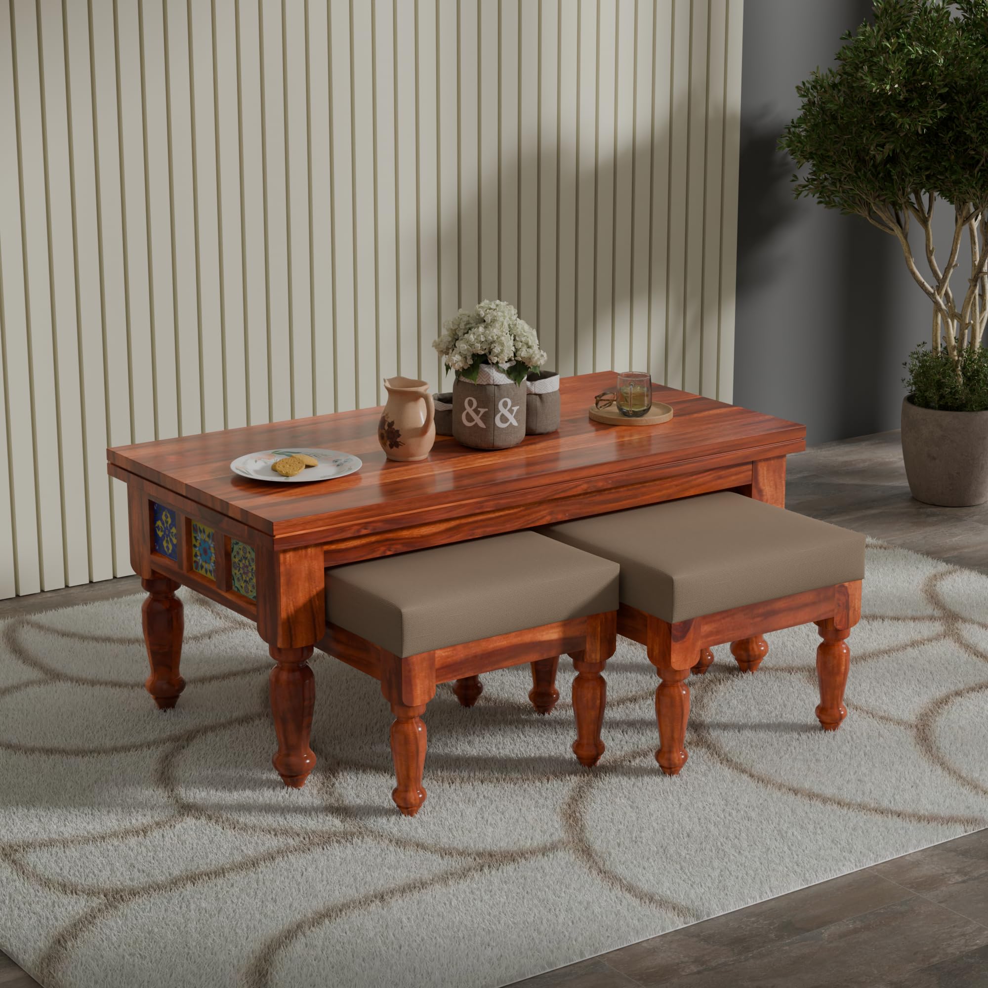 Solid Sheesham Wood Center Coffee Table with 2 Cushioned Stools | Wooden Coffee Table | Space Saving Nesting Design for Living Room, Drawing Room, Hall, Bedroom, Office | Honey Finish-picture-33