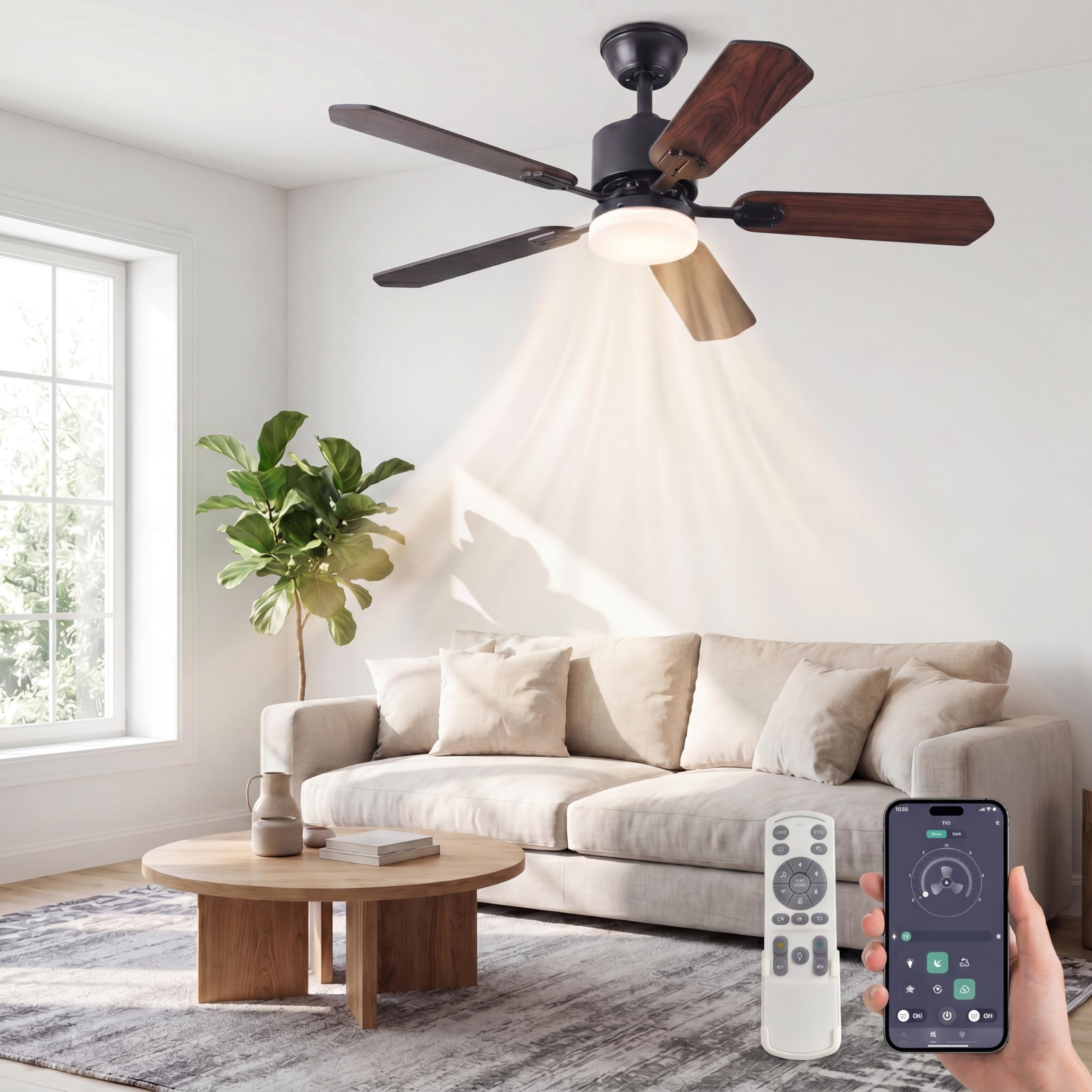 Deckenventilator mit Beleuchtung 3 Farbtemperatur und 6 Geschwindigkeiten LED Deckenventilator mit Lampe, APP/Fernbedienung, Timer, doppelseitige Flügel für Schlafzimmer Wohnzimmer (Schwarz, 108CM)