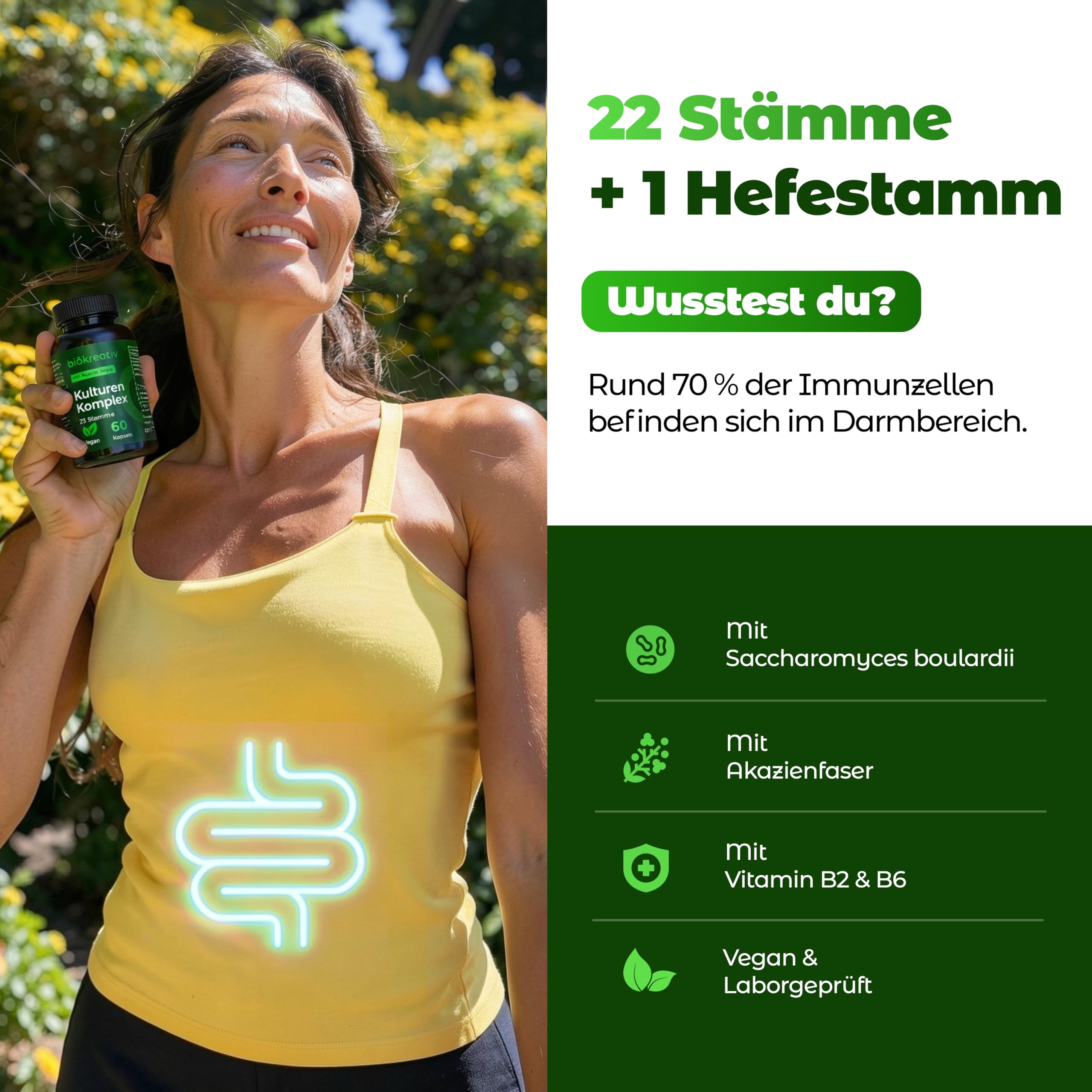 Biökreativ Kulturen Komplex ohne Inulin – 21 Mrd. KBE, 23 Stämme, mit Akazienfaser, Bakterienkulturen, Bifidobakterien, Lactobacillus, Vitamin B2 & B6, Vegan, 60 Kapseln