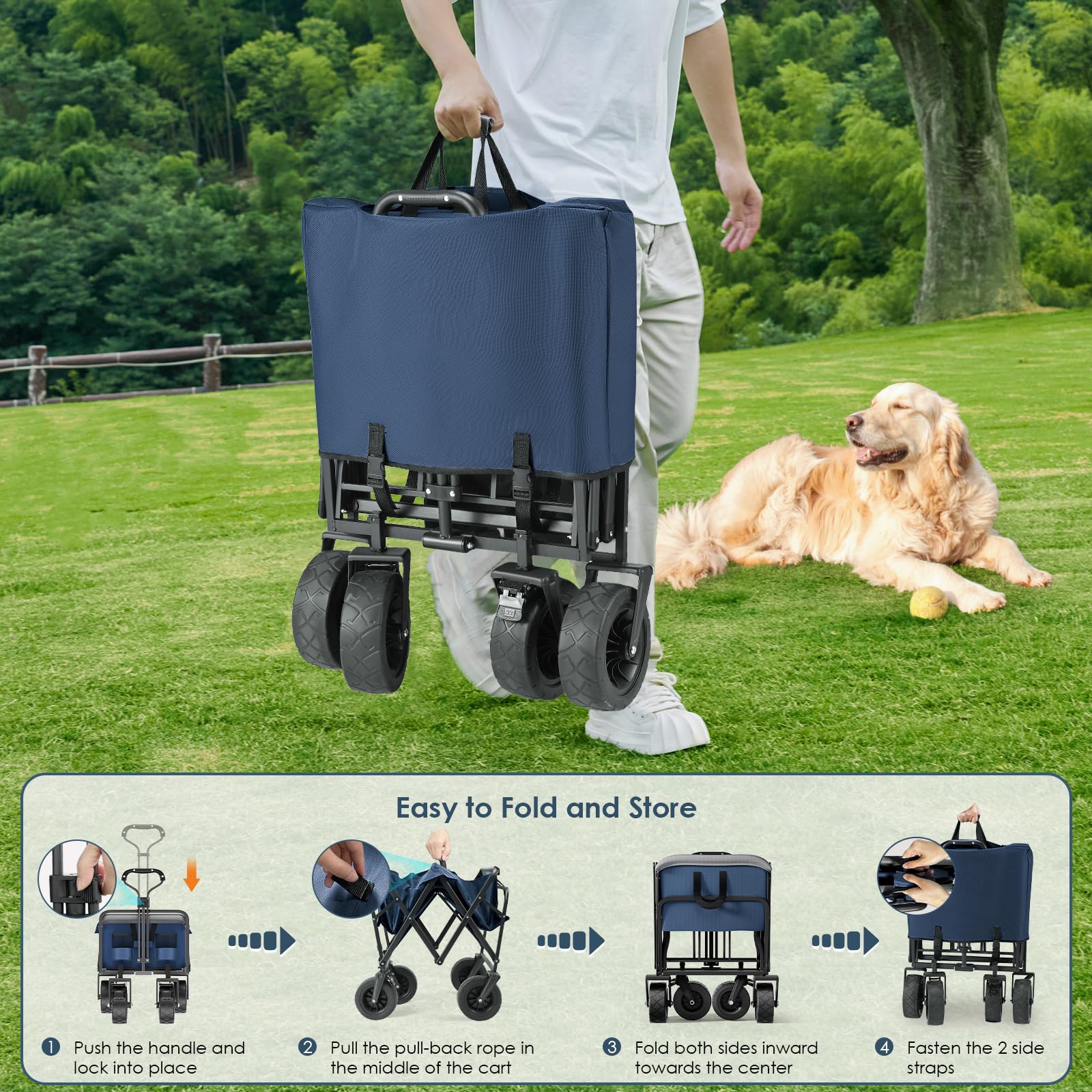 Taphnw 100L Chariot de Transport Pliable, Charge maximale de 110 kg, Chariot Jardinage de Plage avec Poignée Réglable, Tissu Oxford 600D, Voiture Pliante pour Tout Terrain, Plage, Camping (Bleu)