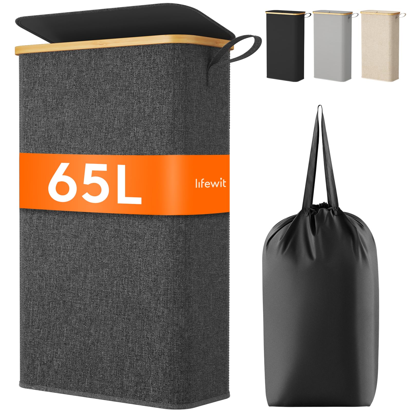 Lifewit 65L Wäschekorb Schmal mit Deckel, Faltbarer Wäschesammler Schmal mit Wäschesack, Laundry Basket Wäscheboxen aus Bambus mit Tragegriff für Apartment, Wohnheim und Wohnwagen, Dunkelgrau