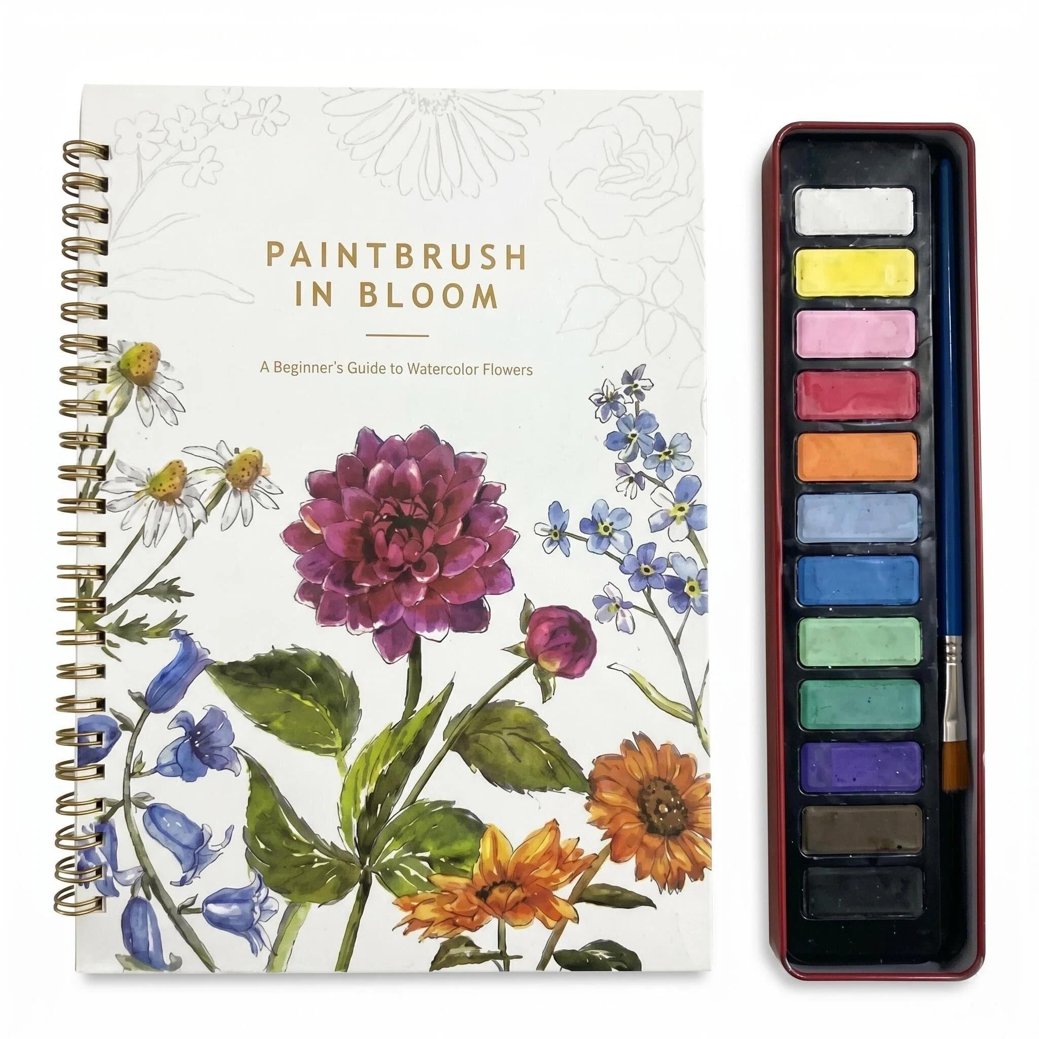 Watercolour Workbook​ for Adults Beginners SiumPklay 12 Original Flower DIY Patterns 12 Colors Watercolour Paint Set​ with Brush Palette, Premium Watercolour Paper, Step by Step Water Colouring Book​