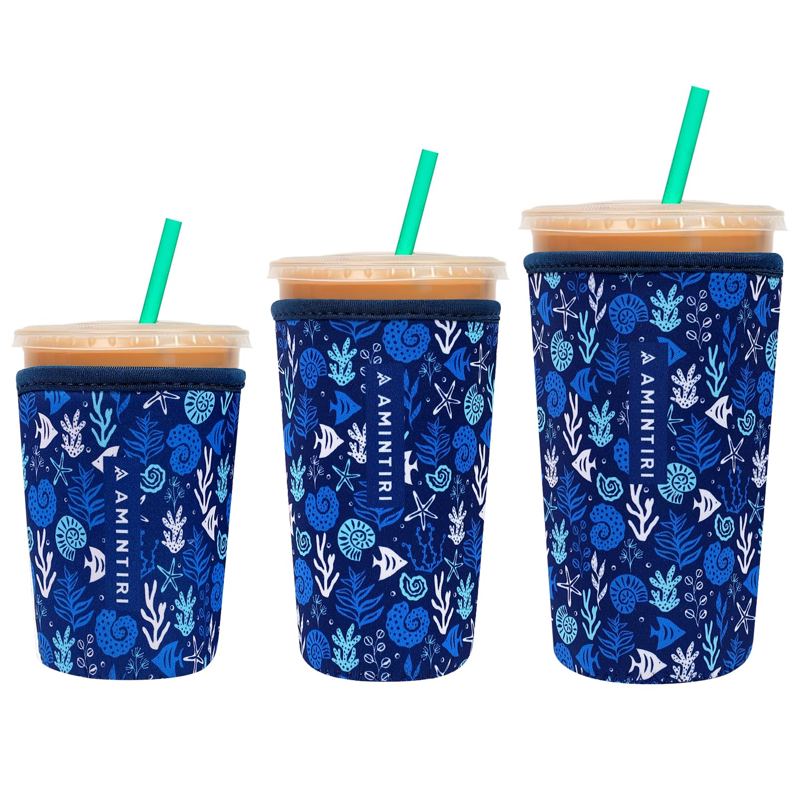 3 Pack Reusable Sleeve for Iced Coffee Cup, Coffee Neoprene Sleeve for Iced&amp;Hot Drinks, Coffee Sleeve Compatible with Starbucks, Dunkin Coffee Cup. (Ocean Adventures)