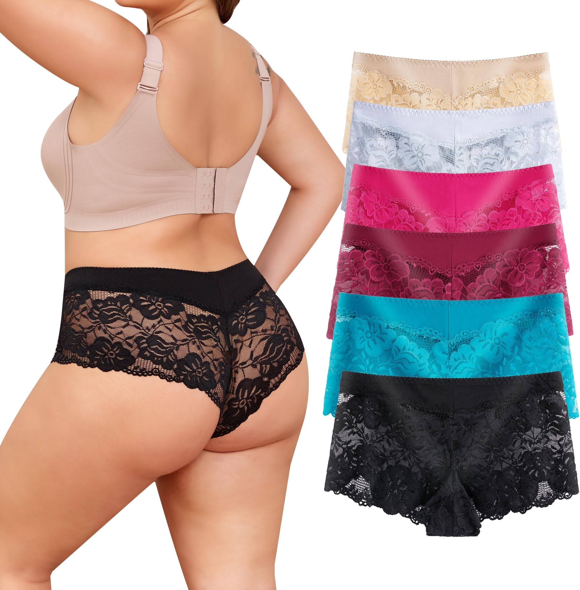 moonlight elves Sexy Underwear For Women, Plus Size Lace Boy shorts Panties, Cotton Waistband Soft Cheeky Panty, 6 Pack
