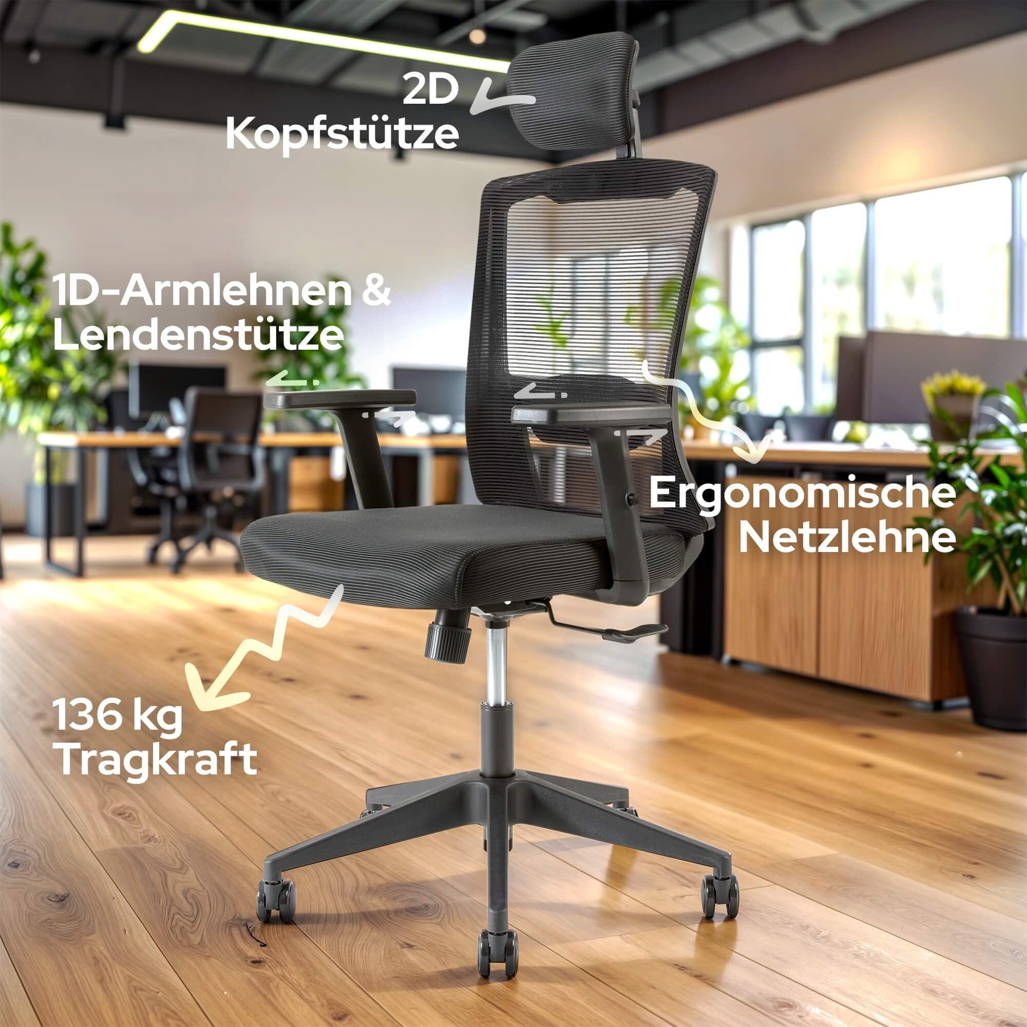Arebos Bürostuhl Ergonomisch, Schreibtischstuhl mit Verstellbarer Kopfstütze, Armlehnen, Lendenwirbelstütze, Drehstuhl Wippfunktion, Chefsessel aus Mesh,Rückenschonend, Bürostuhl 136kg