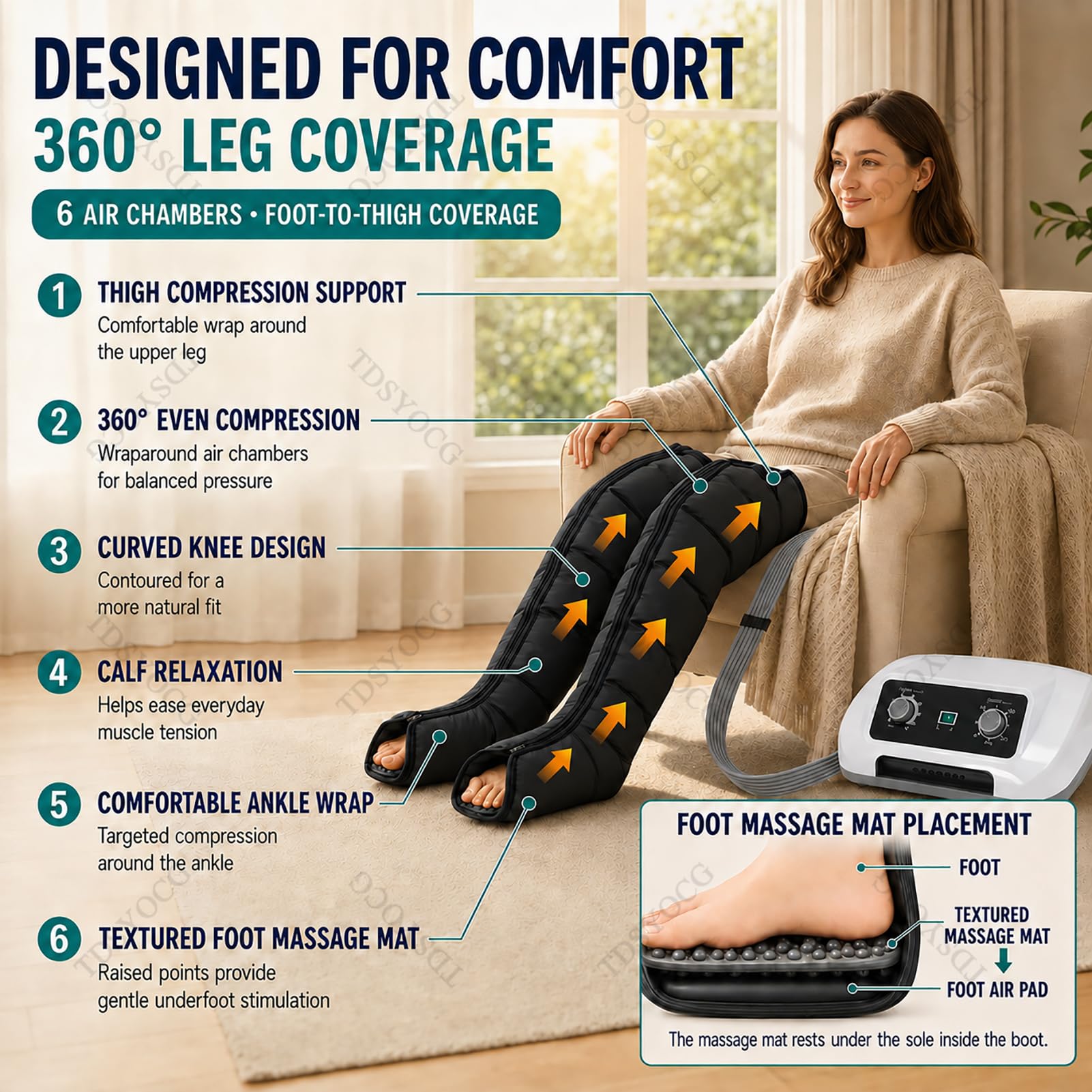 Botas Presoterapia Piernas y Abdomen para Casa con 6 Camaras | Máquina de Presoterapia Profesional para Casa, Masajeador Drenaje Linfático Circulación, 0-30 Min, 30-240 mmHg Ajustables