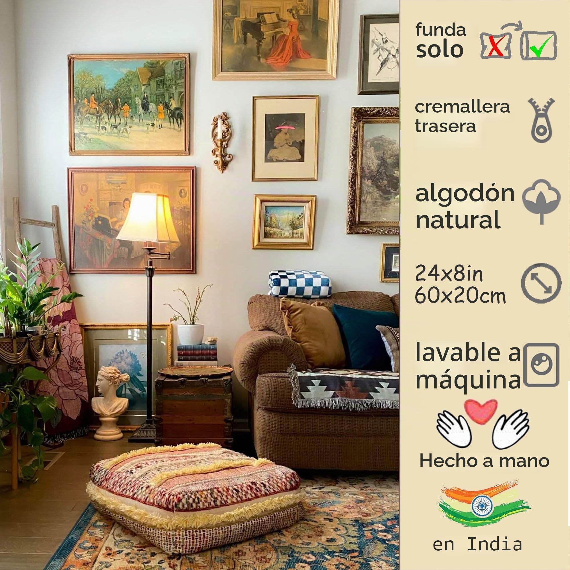 Mandala Life Art Funda de cojín de Suelo Bohemia, Mezcla de Lana Pura y algodón, 24 x 24 x 8 Pulgadas, Relleno no Incluido, Parche Bordado a Mano Artesanal, Funda de puf marroquí de Lujo Bohemio Chic