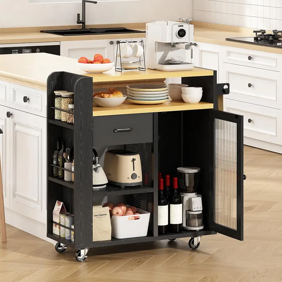 Balcão para Cozinha, Móveis Cozinha com Rodas e Prateleiras Laterais, Móvel Multifuncional com Armários e Gaveta para Organização, Preto