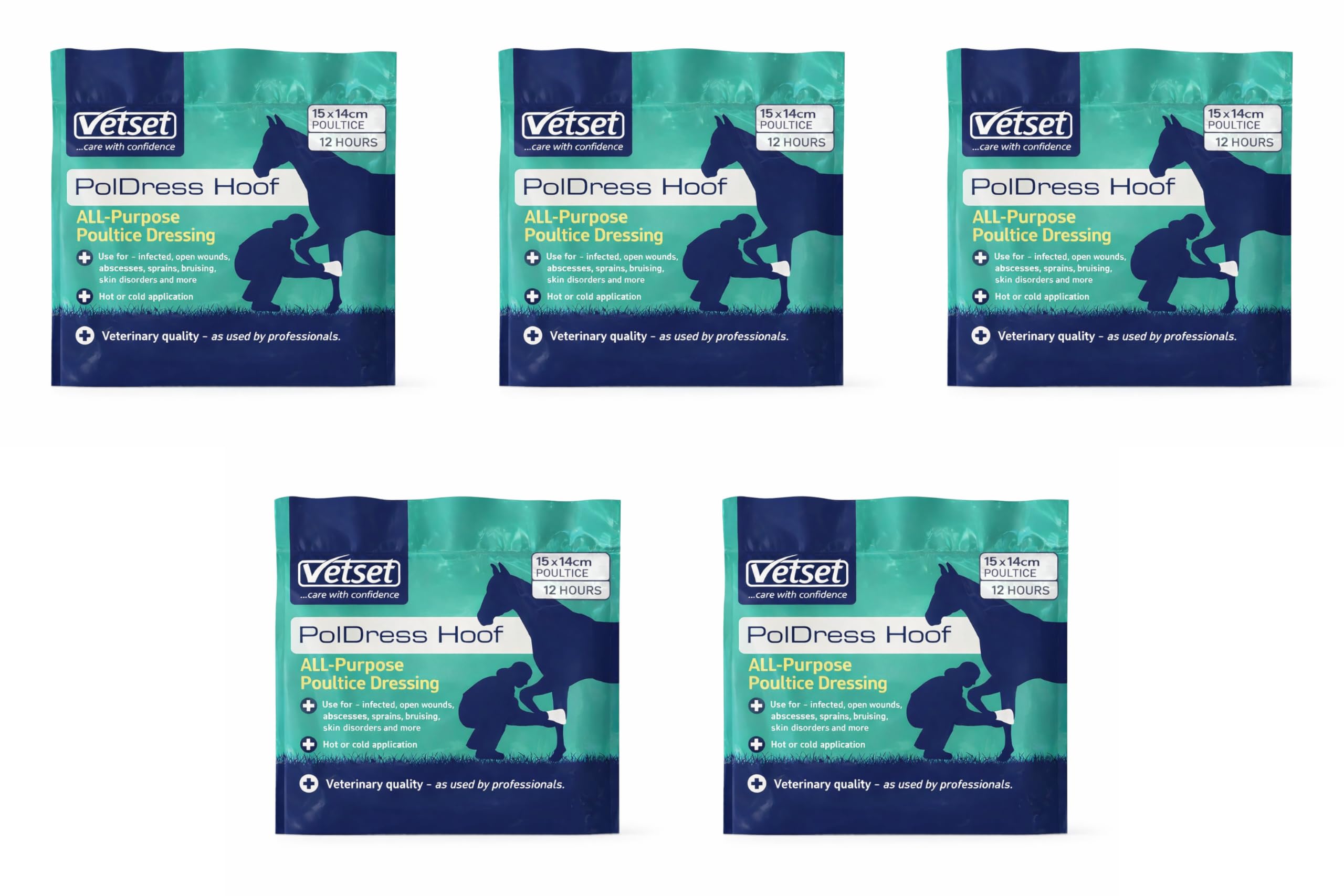 VetSet PolDress Hoof | Poultice for Horses | Veterinary Hoof and Wound Poultice | For Abscess, Swelling, Infection, and Inflammation | Hot Cold or Dry Use | 15cm x 14cm (Pack of 5)