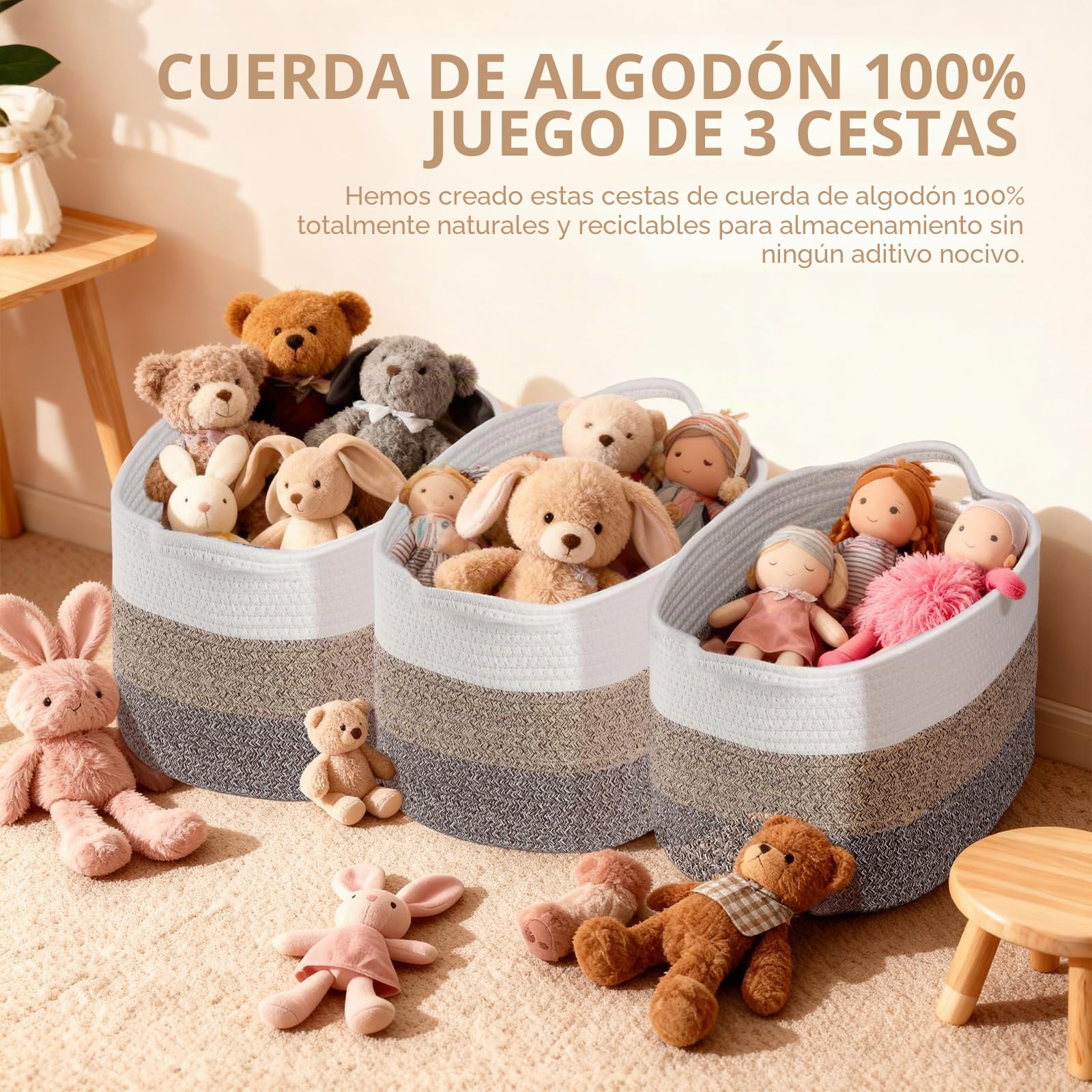 Conjunto de 3 cestas de almacenamiento con correa de algodón (caqui)| Cesta de regalo para bebés, cesta de almacenamiento para juguetes infantiles y cesta de ropa de niños | Cesta de estantería