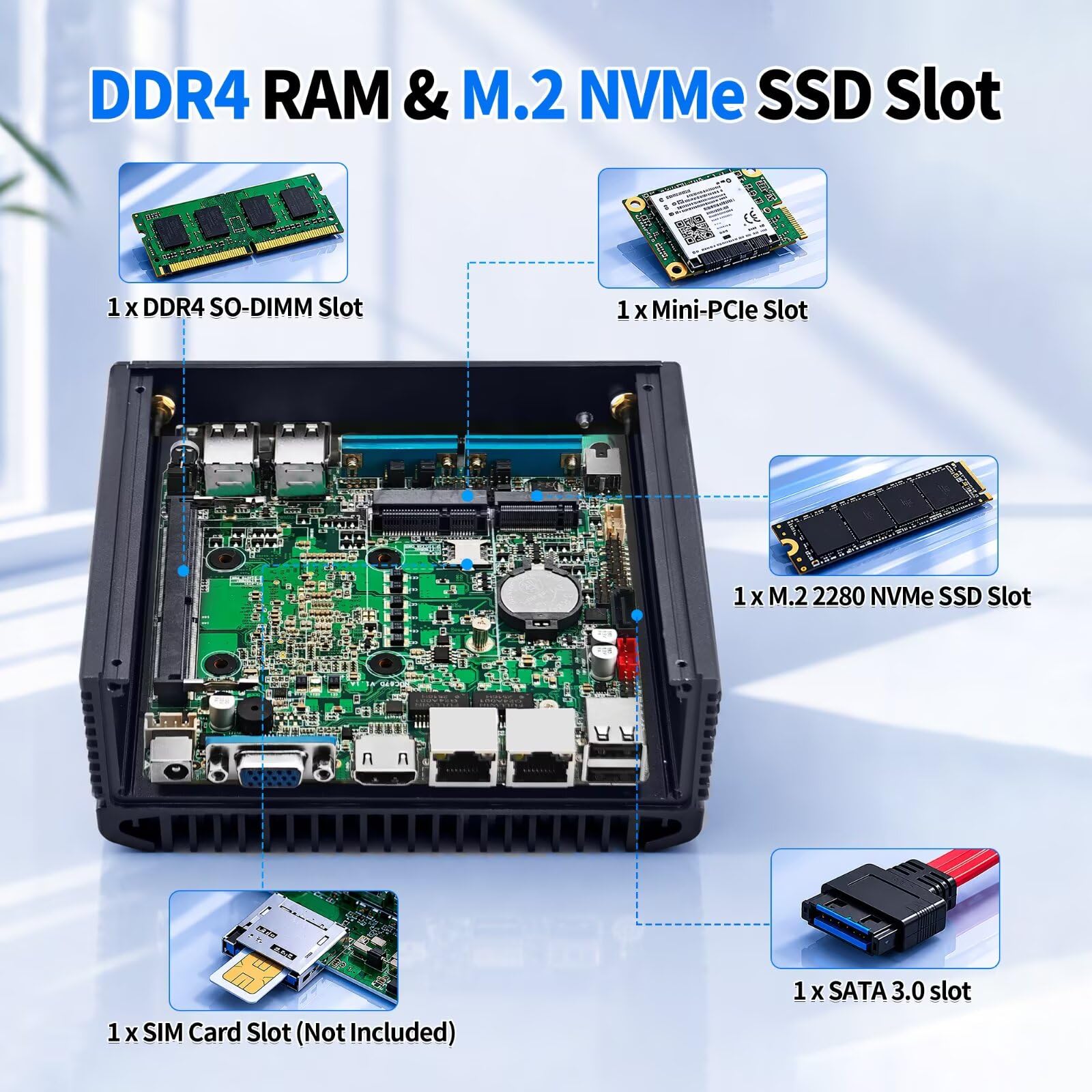 Fanless Mini PC i5 8250U, DDR4 8GB RAM 128GB NVMe SSD, 2 LAN 4 COM Industriale PC, HD VGA Micro Desktop Computer for Home Office, 10 Pin GPIO, 4USB3.0, 2USB2.0, Auto Power On