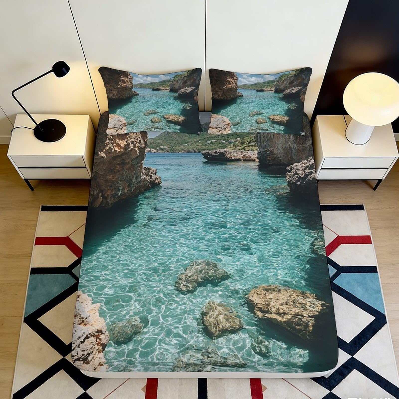 3D Printed Seaside Fitted Sheet Microfiber Deep Pocket Full Wrap Bedroom Bedding Seaside Mattress Fitted Cover Non-Slip for Adults Home 200x200x25cm 90x200x25cm