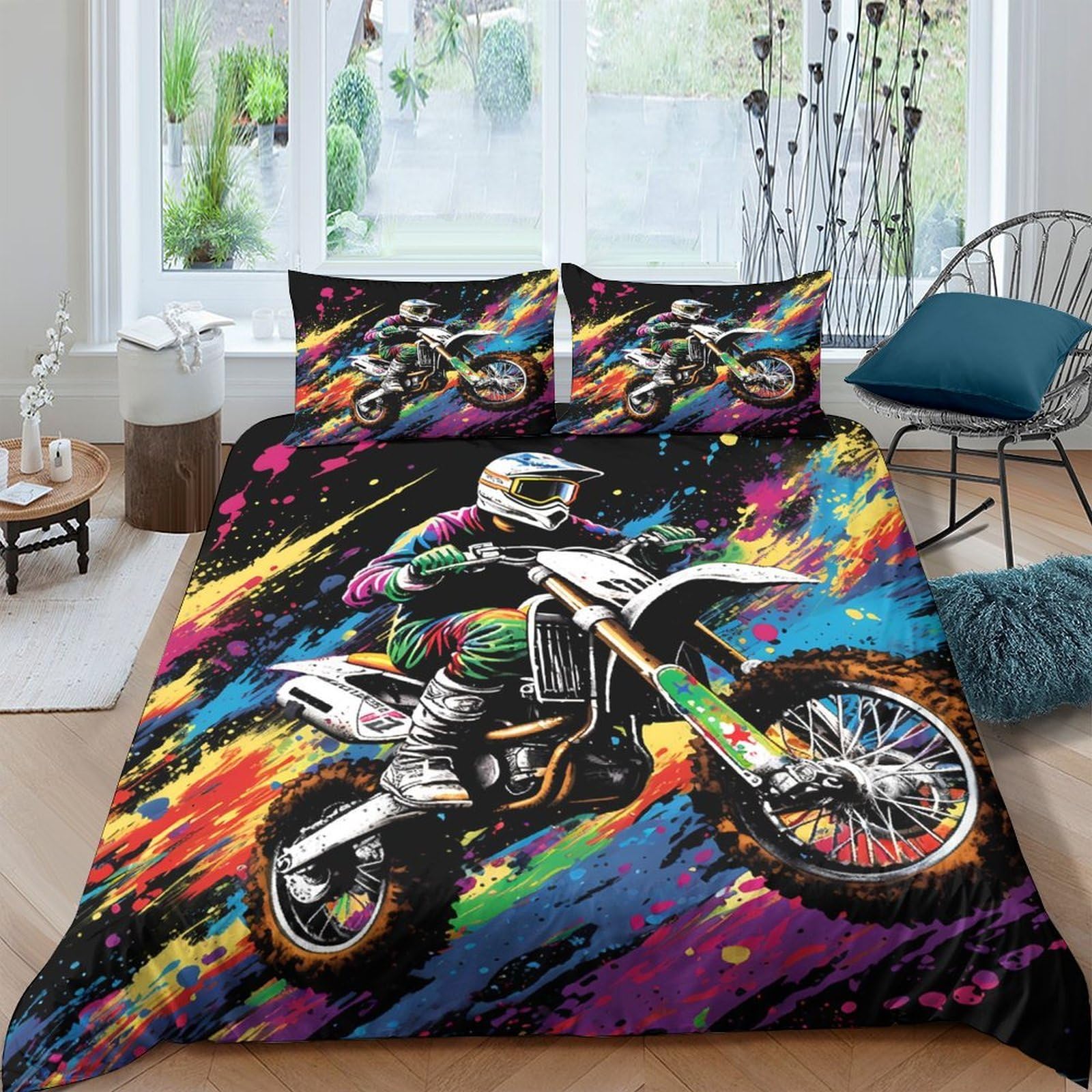 Ctjqhvkz Style-9 3D Printed Colorful Motocross Fitted Sheet Microfiber Vibrant Dirt Bike Bed Cover For Bedroom Dorm Mattress Protection Decor Single（135X200cm）