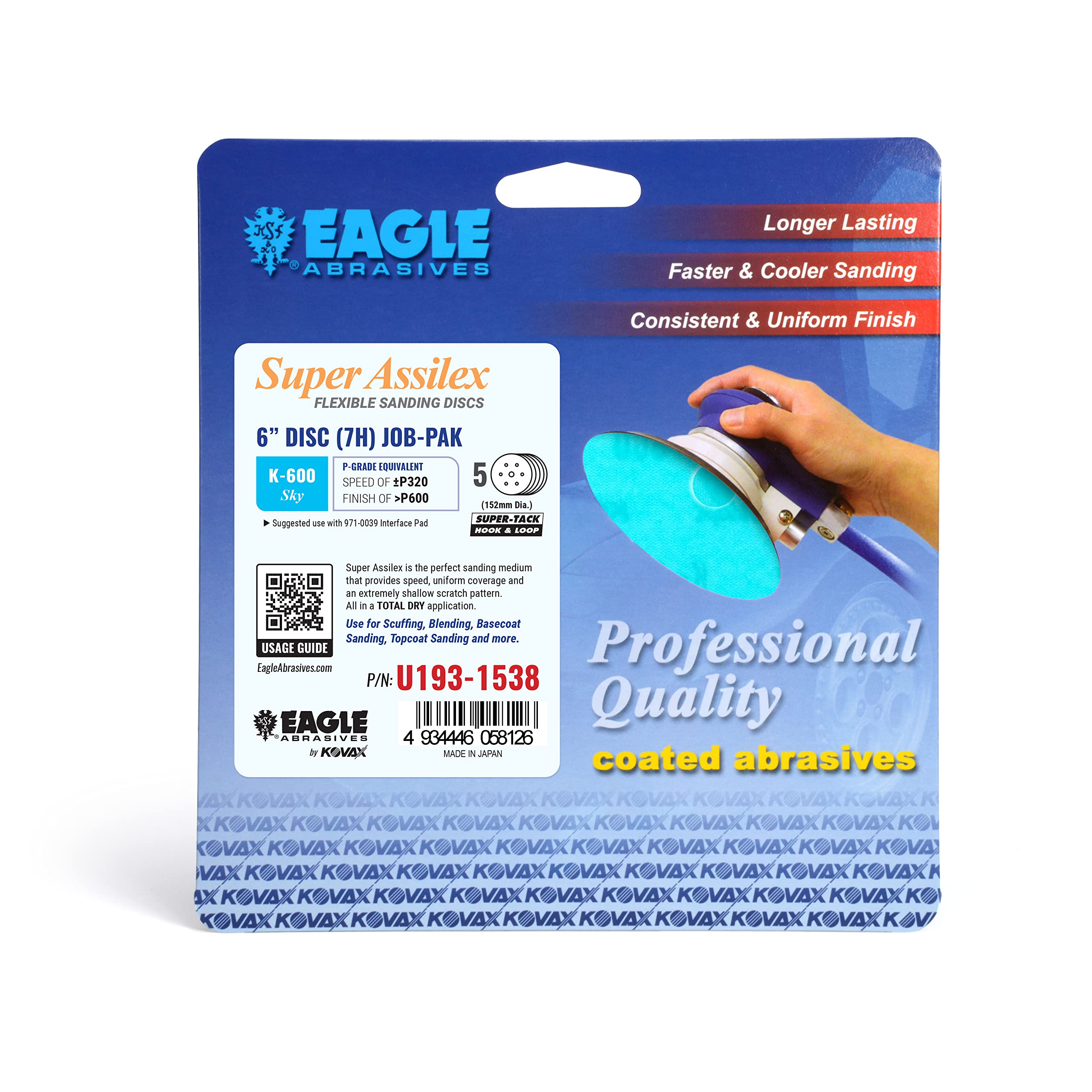 Super Assilex Flexible 6 inch Sanding Discs JOB-PAK, SKY K-600, 7 Holes, Hook & Loop, U193-1538, 5 Discs