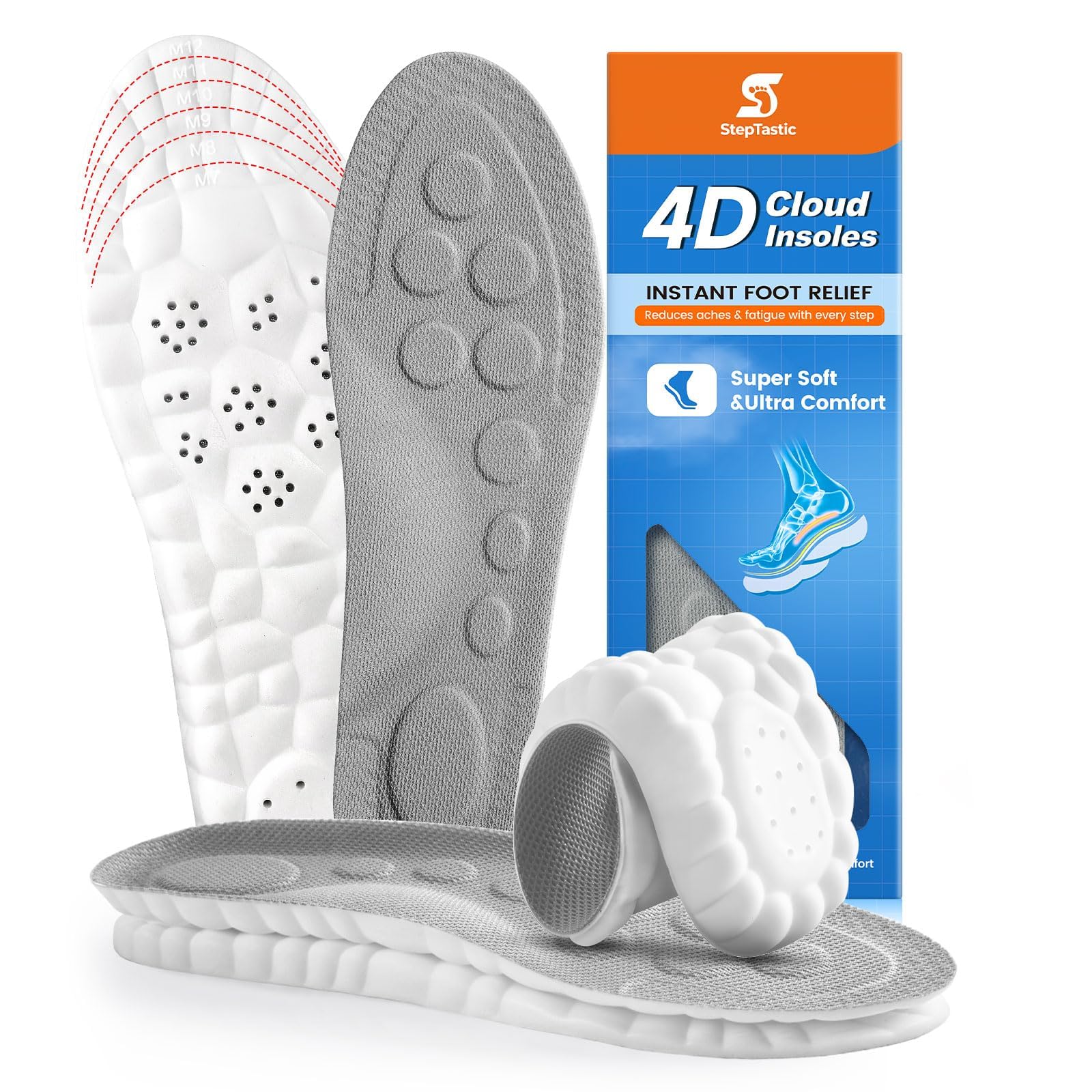 Insoles Men, 4D Cloud Insoles for Women Men, Arch Support and Shock Absorbing for Fatigue Relief, Pressure Distribution, Trim to Fit Inserts for Walking, Hiking (Gray, M 7-12, 1 Pair)