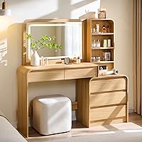 50" LED Makeup Vanity Desk with 35.43" Mirror Lights, 5 Drawers, Adjustable Shelves & Charging Station - Natural for Bedroom/Dorm