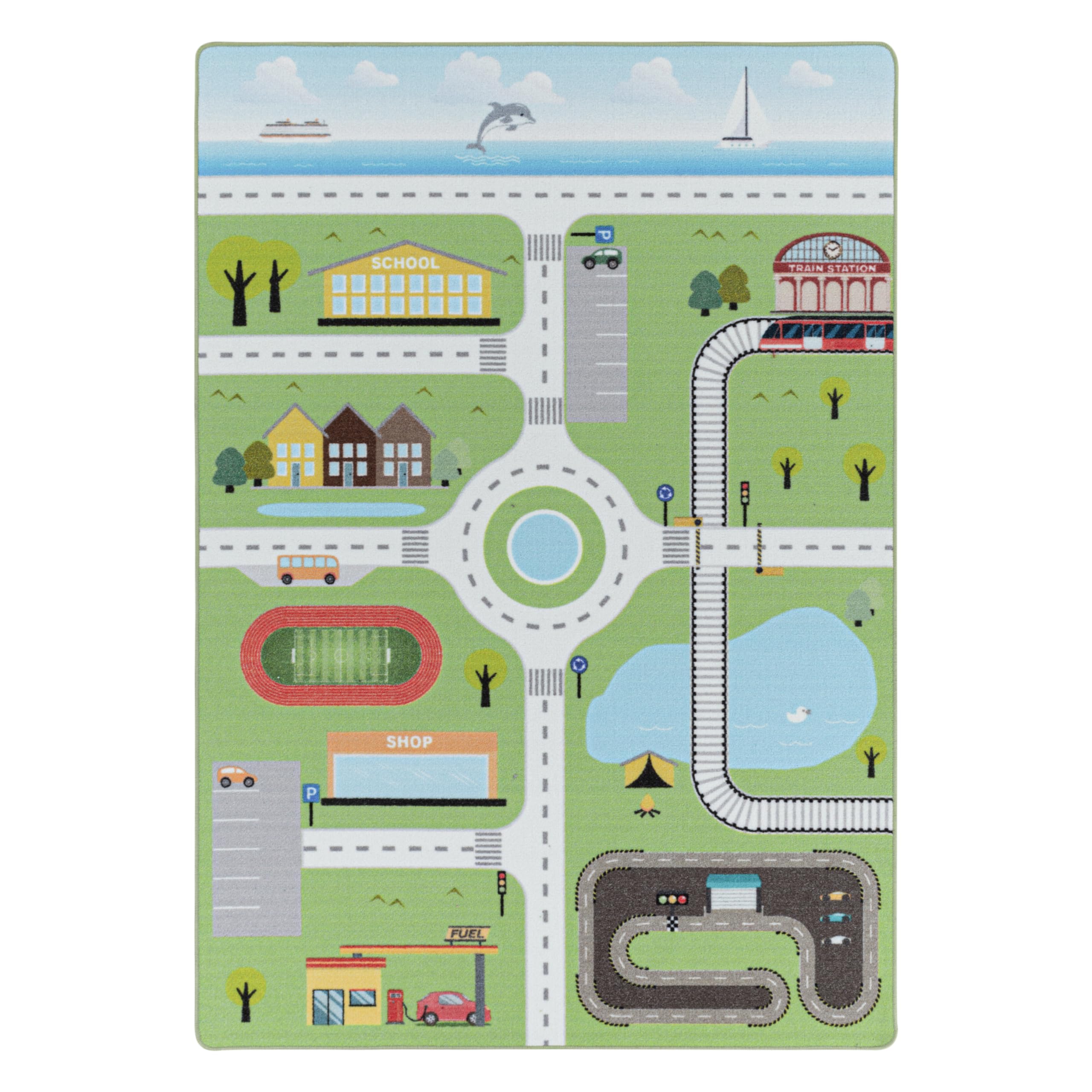Kinderteppich Spielstraße Straßenmotiv Pflegeleicht Bunt Waschbar Strapazierfähig Grün 80x120 cm Kinderzimmer Fußbodenheizung geeignet Schadstoffgeprüft Oeko-TEX | TRAUN