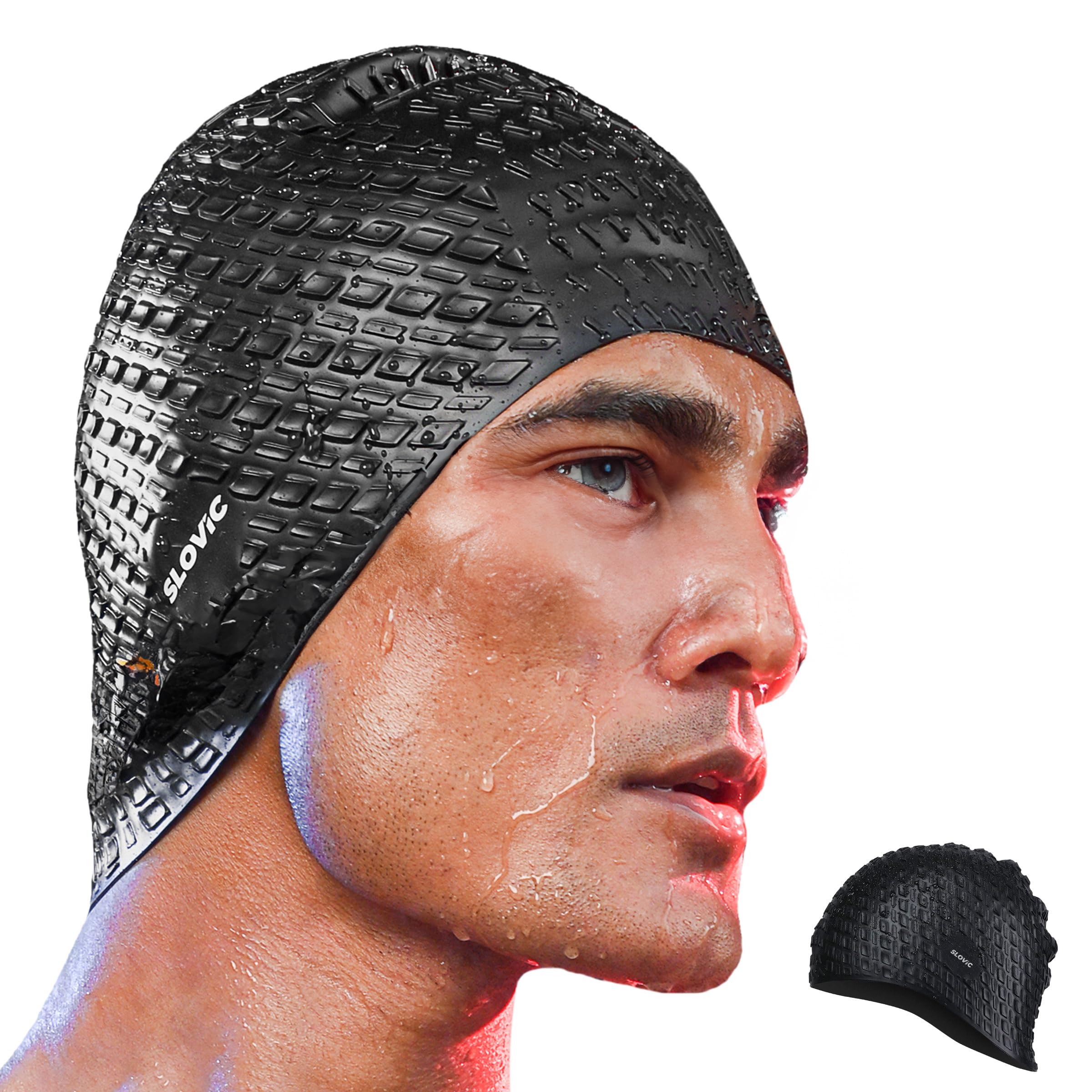 Slovic Swimming Cap for Men & Women [Black] | Swimming Caps for Women with Long Hair | Swimming Accessories for Men & Women | Unisex & Waterproof Silicon Cap to Prevent Chemical Damage | Free Size