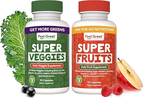 Feel Great Vitamins Suplemento de frutas y verduras Vegano y vegetariano Suministro de 30 días que incluye 90 cápsulas de frutas y 90 cápsulas