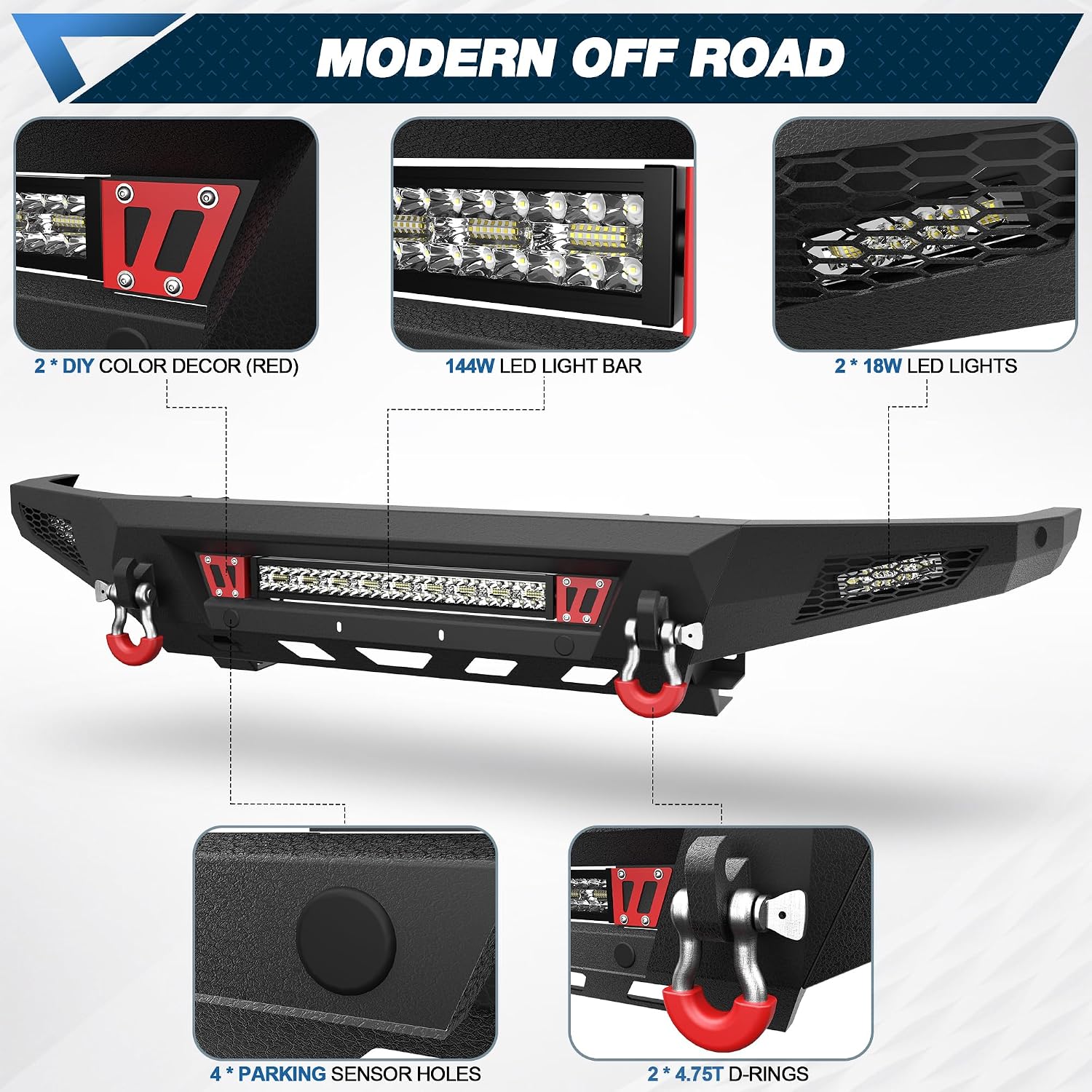 Tundra Front Bumper Full Width Bumper w/144W Light Bar, 2x18w Lights, D-rings for 2014-2021 Tundra