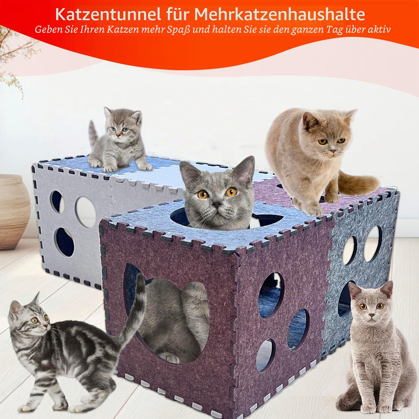 18 Stück Katzentunnel, DIY transformierbare Peekaboo Katzenhöhle, kratzfester Filz-Katzentunnel, Filz-Katzen-Versteckhöhle mit interaktiven Blicklöchern