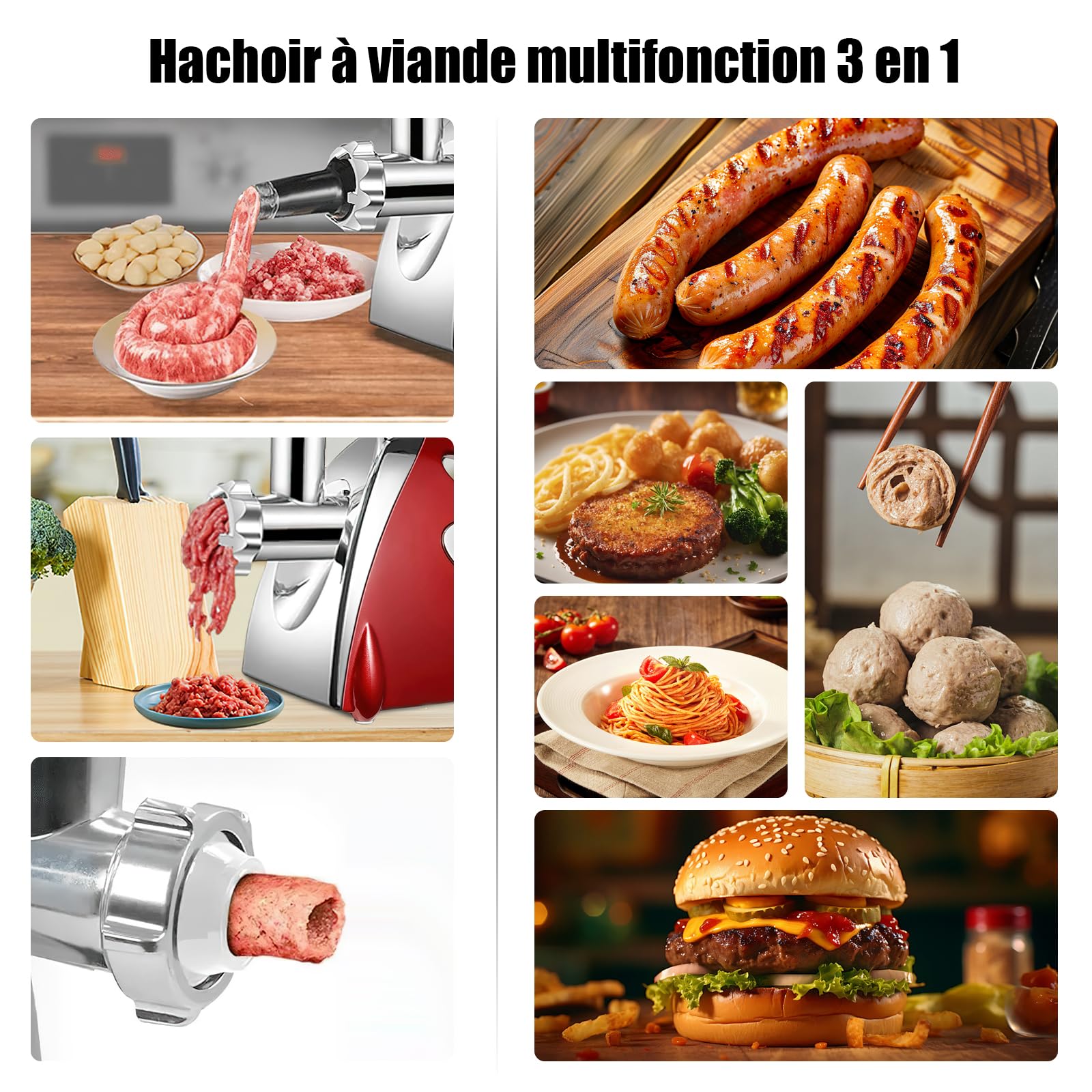 Hachoir Viandes Électrique, 2800W Hachoir Électrique, 3 en 1 Hachoir à Viande Acier Inoxydable avec 3 plaques de Broyage en Acier Inoxydable et Kubbe, Hachoir a Viande pour Légumes Saucisses (Rouge)