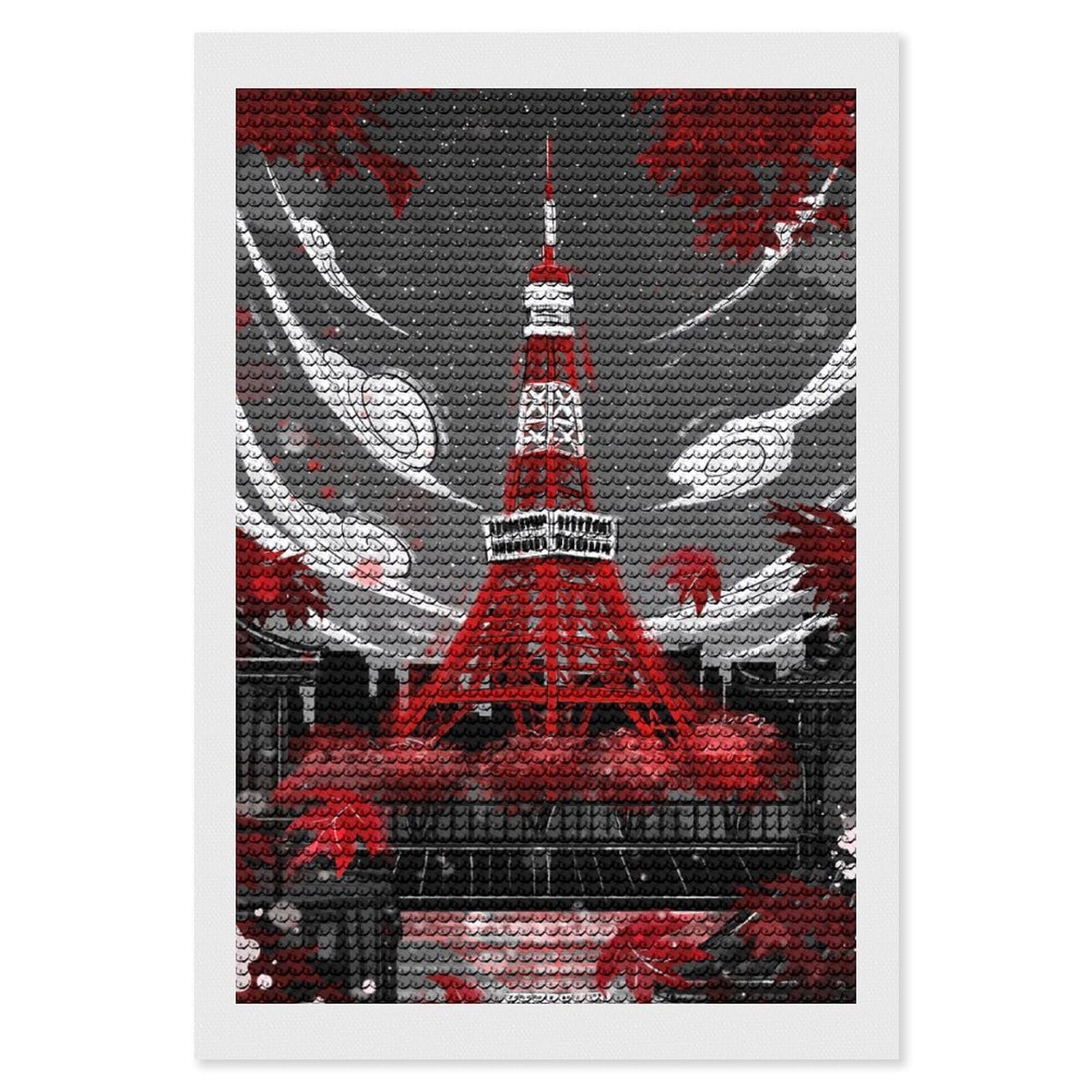 Junmoney Tokyo Tower in Red and Gray DIY Diamond Art Canvas Kit 8"x12", Simple to Start, Fun Craft Experience, Modern Decor, Gift Idea, Adhesive Canvas