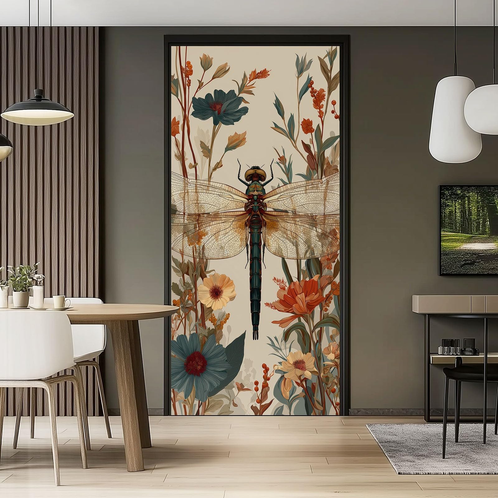 Peinture Murale Stickers, Aquarelle Baies Libellule Fleurs Florales Sticker mural Porte - Insectes Rétro Autocollant mural, 90 x 200 cm Amovible Poster de Porte, Beige Intérieure Muraux Pvc