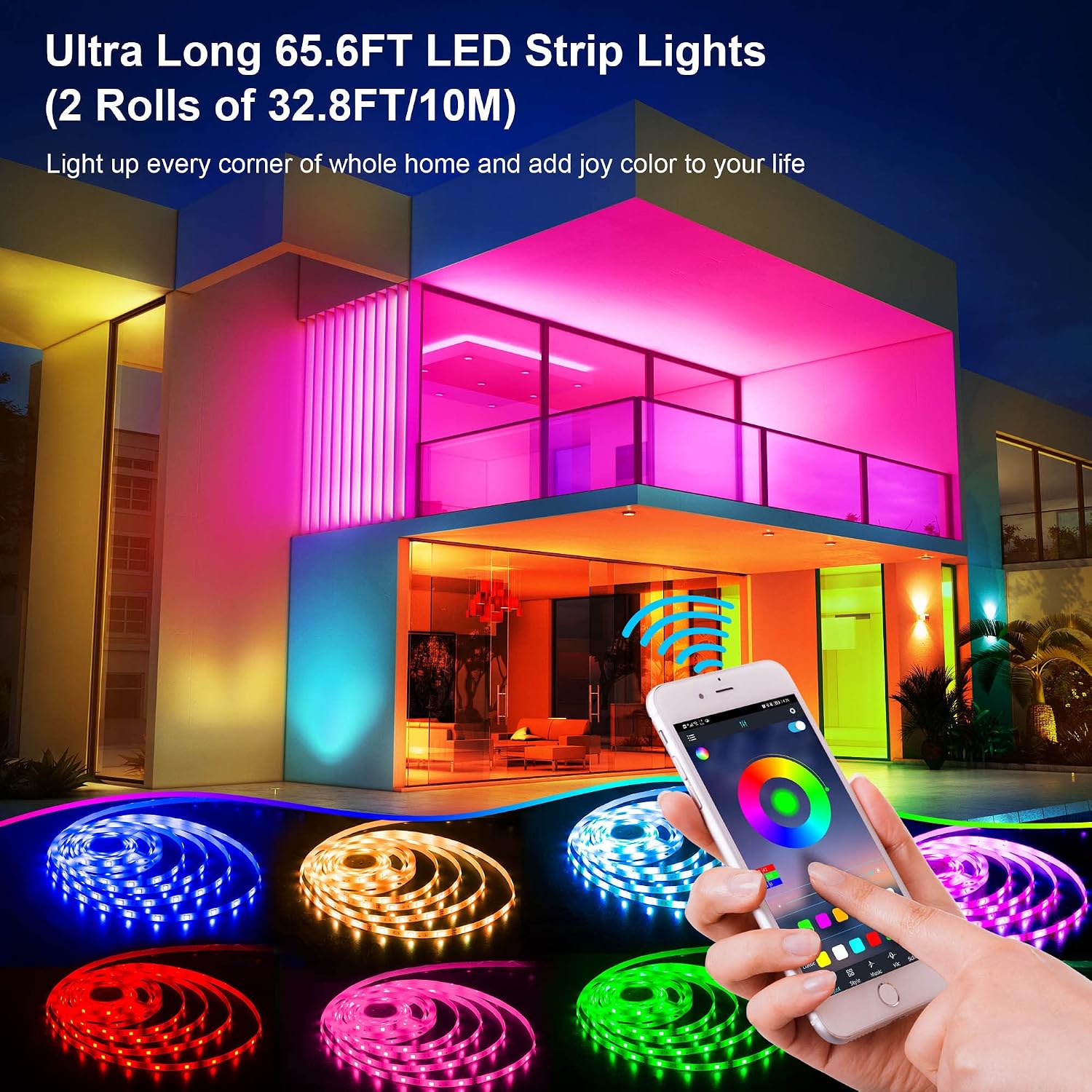 PHLSTYLE 65.6ft/20m LED Lights, LED Lights Strip for Bedroom Music Sync, App Controlled Bluetooth RGB LED Light Strips, with Remote 16 Million Color Changing LED Strip Lights, Sensitive Built-in Mic
