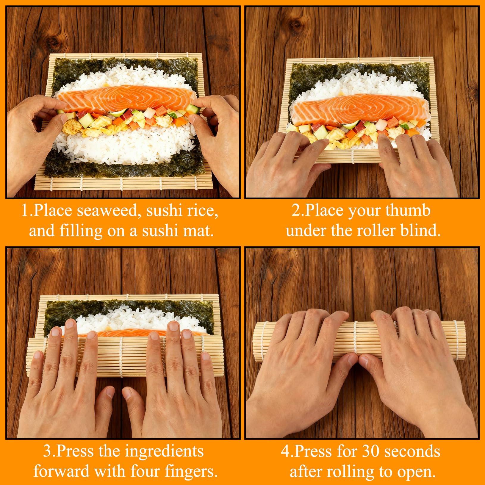 Sushi-Matte aus Bambus, Sushi-Rollmacher für Kimbap Sushi Maki Rollen, einfach hausgemacht (24,1 x 24,1 cm), 4 Stück