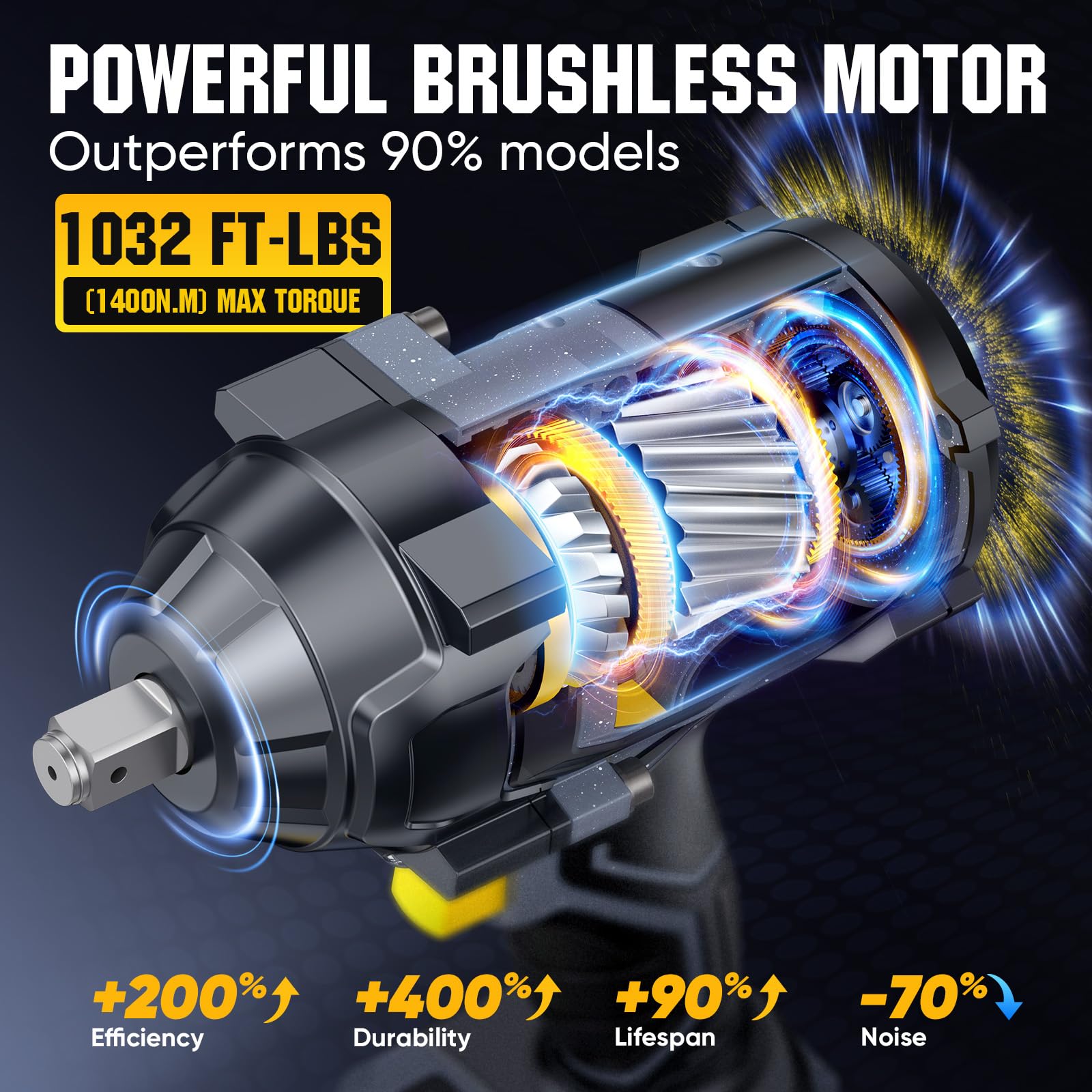 Schlagschrauber 1400N.m(1032Ft-lbs) 4000RPM 4 Gang Geschwindigkeit, 21V 1/2 Zoll Bürstenloser Akku Schlagschrauber, 2×4.0Ah Akkus, Für Auto LKW Reifen Schraube Mutter Removal