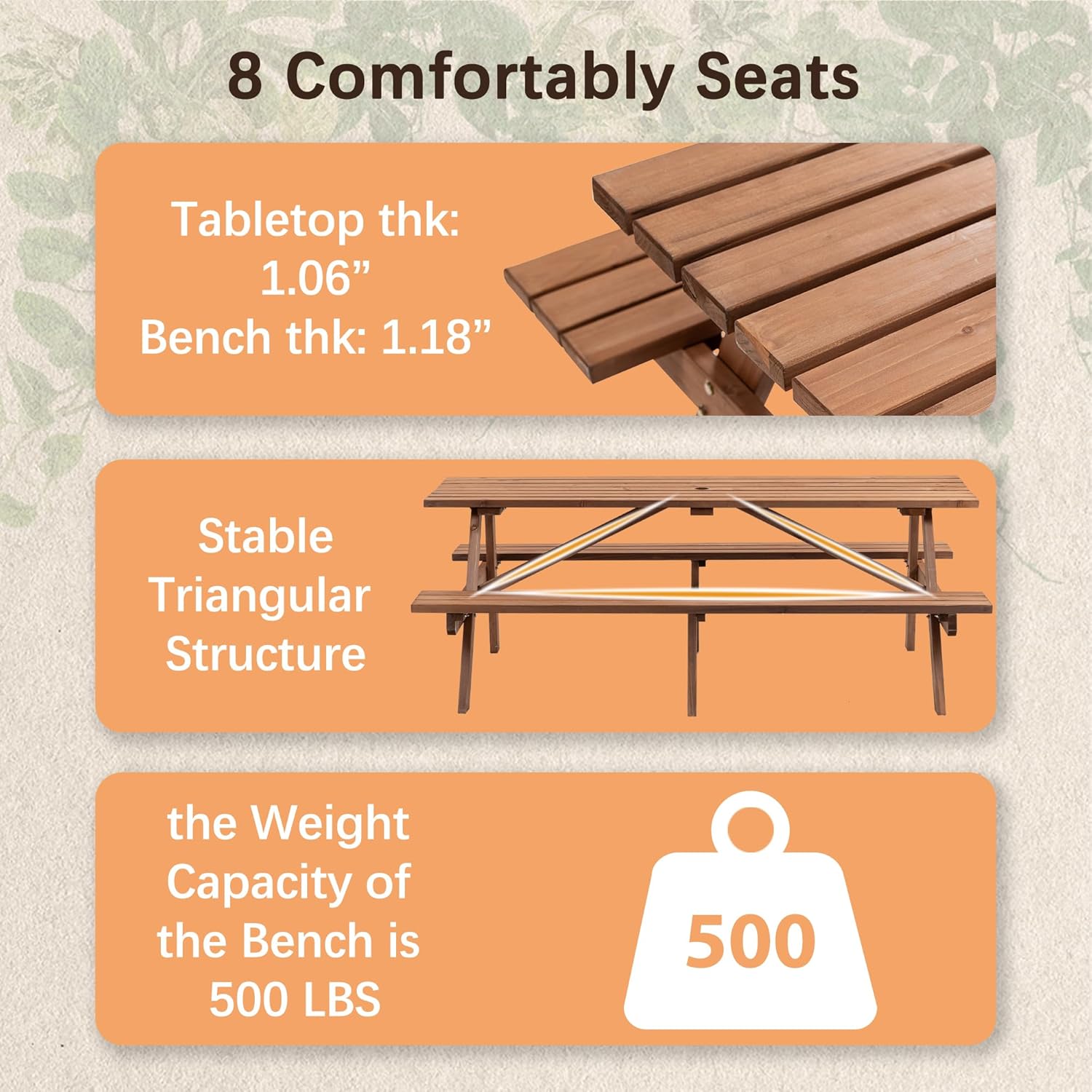 Elountik 75-Inch Brown Fir Wood Picnic Table with 2 Built-in Benches, 2220lb Capacity, Outdoor Garden Dining and Camping Table with Umbrella Hole, DIY Available
