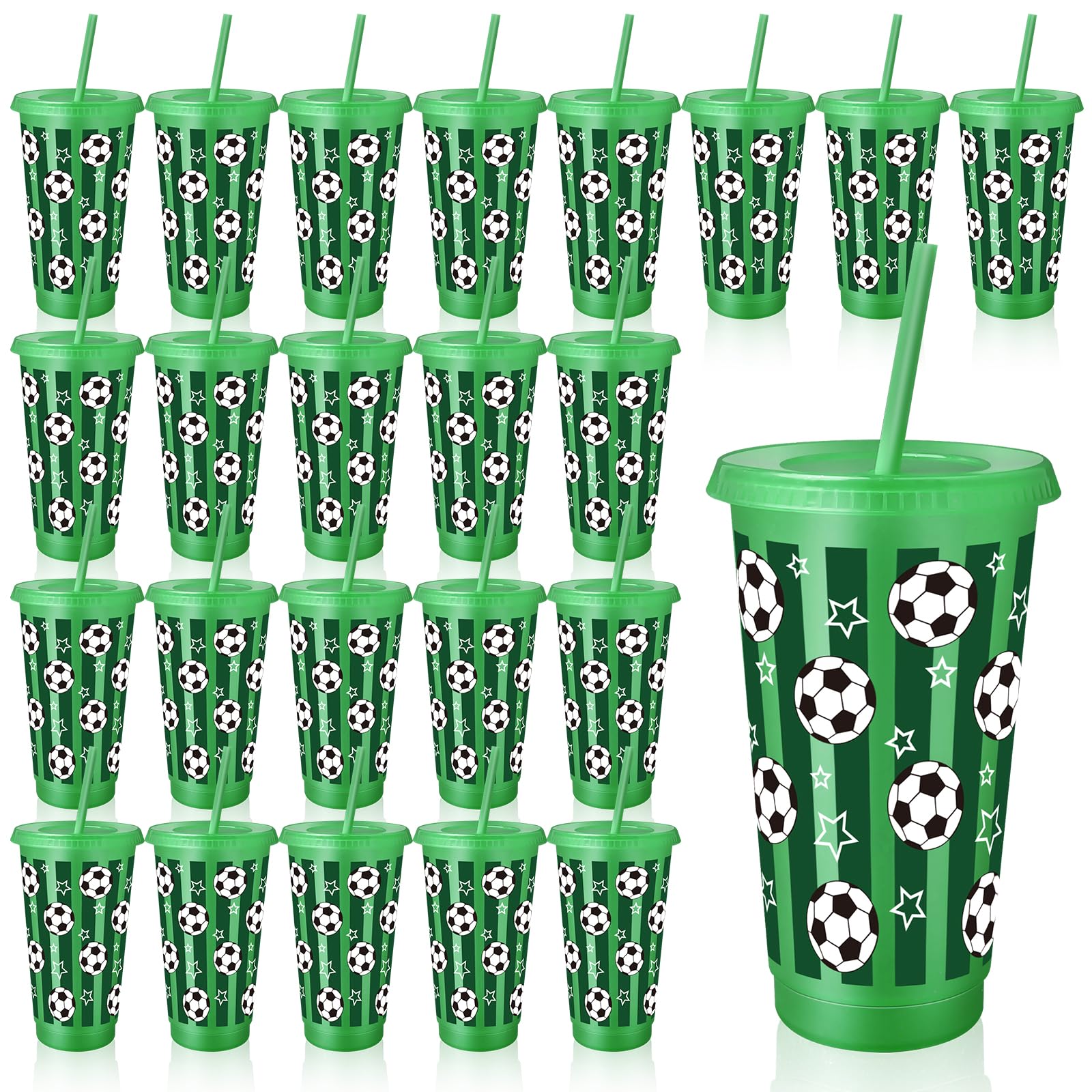 ASMIZ 24 Pcs Plastic Football Cups with Lid and Straw 710 ml Reusable Tumbler Bulk Sports Gifts for Coach Fan Men Women Soccer Team Gifts Party Favors Sports Themed Party Decoration (Green)