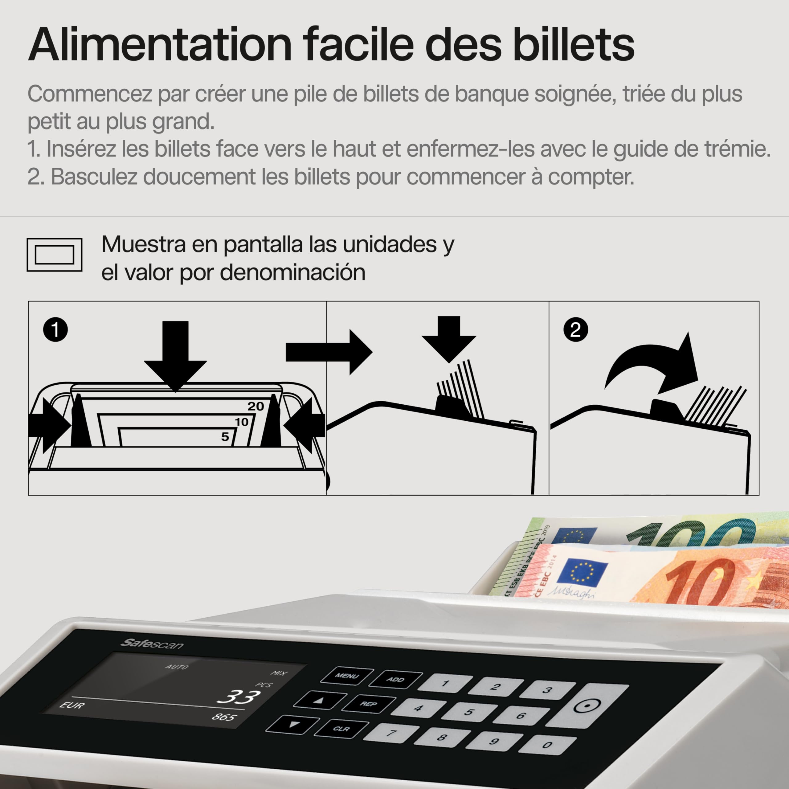 Safescan 2465-S compteuse de billets valorisatrice pour les billets mélangés euro - Compteur de billets avec détection de faux billets sur 7 points - Compte les billets triés de toutes les devises