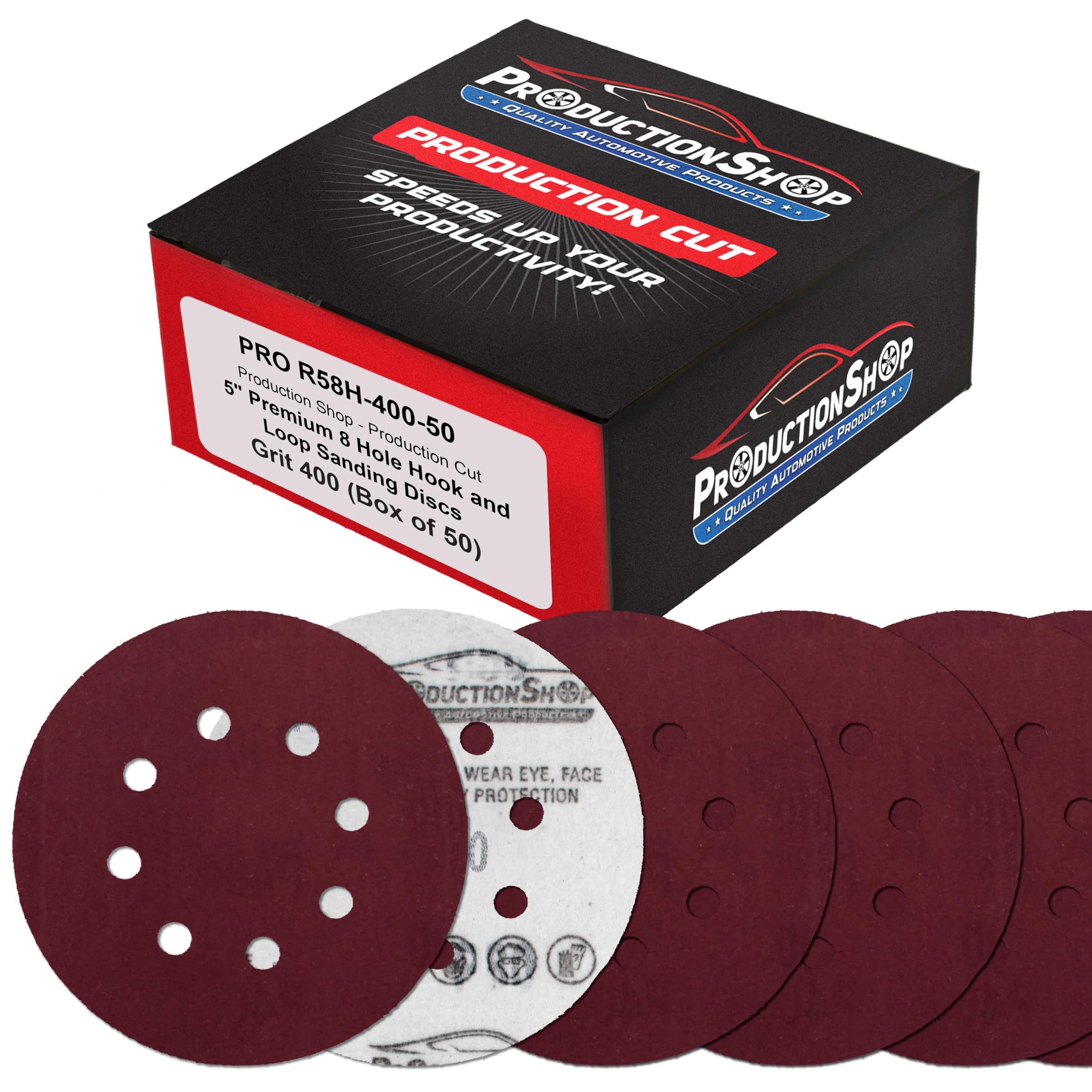 ProductionShop Premium 5" Red 8-Hole Pattern 400 Grit Sanding Discs, Box of 50 - Dustless Hook & Loop Backing Sandpaper for Random Orbital Sanders,