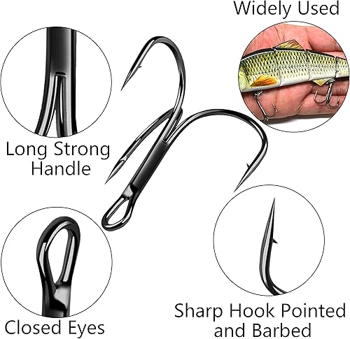Miniatura 2 de Juego de 150 ganchos agudos negros, juego de 150 anzuelos de pesca agudos afilados de acero de alto carbono, clásico redondo curvado, triple juego