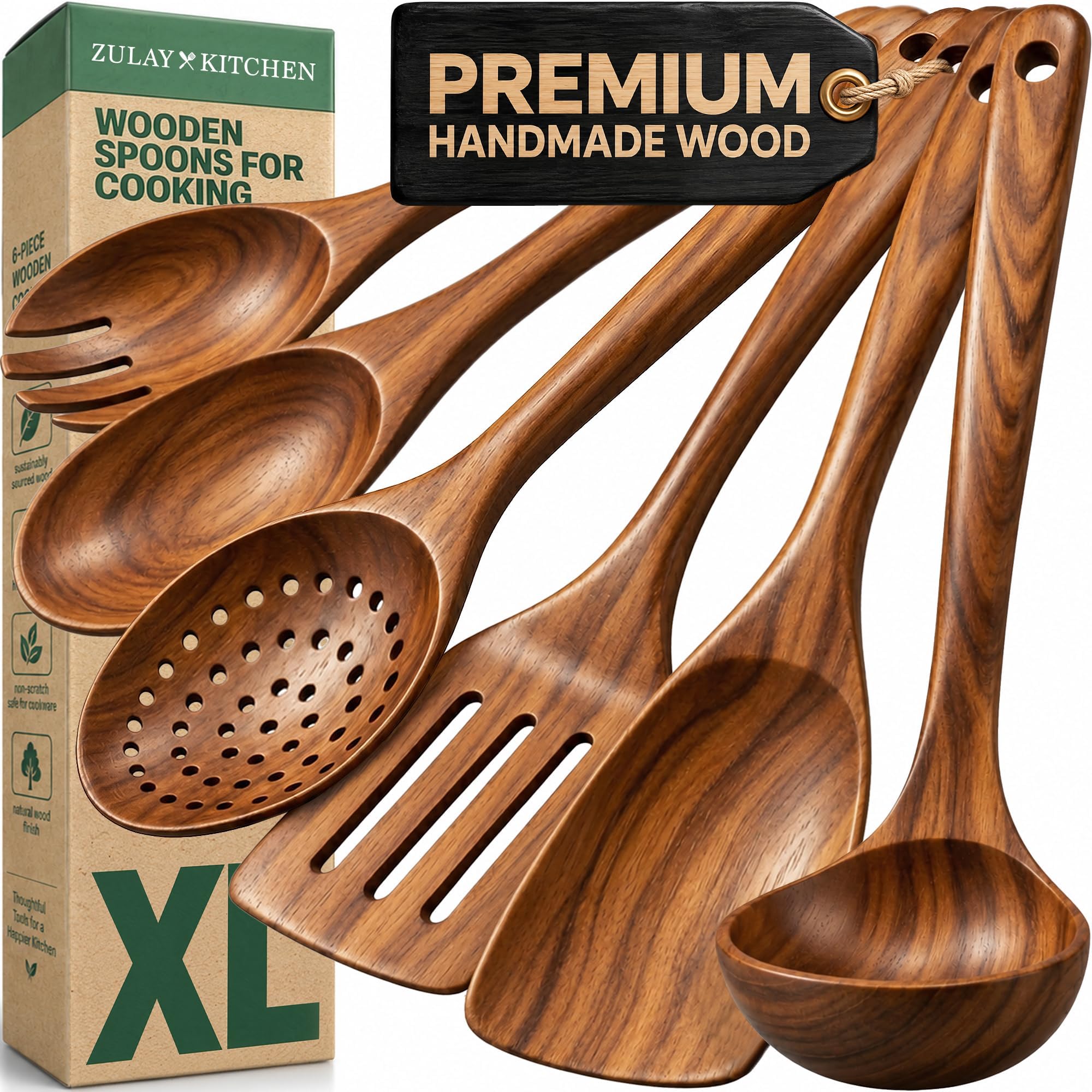 Zulay Kitchen Extra-Large 6-Piece Wooden Spoon Set - Smooth Teak Cooking Utensils - Comfort-Grip Non-Stick Turner, Spatula, Skimmer, Fork, Serving Spoon