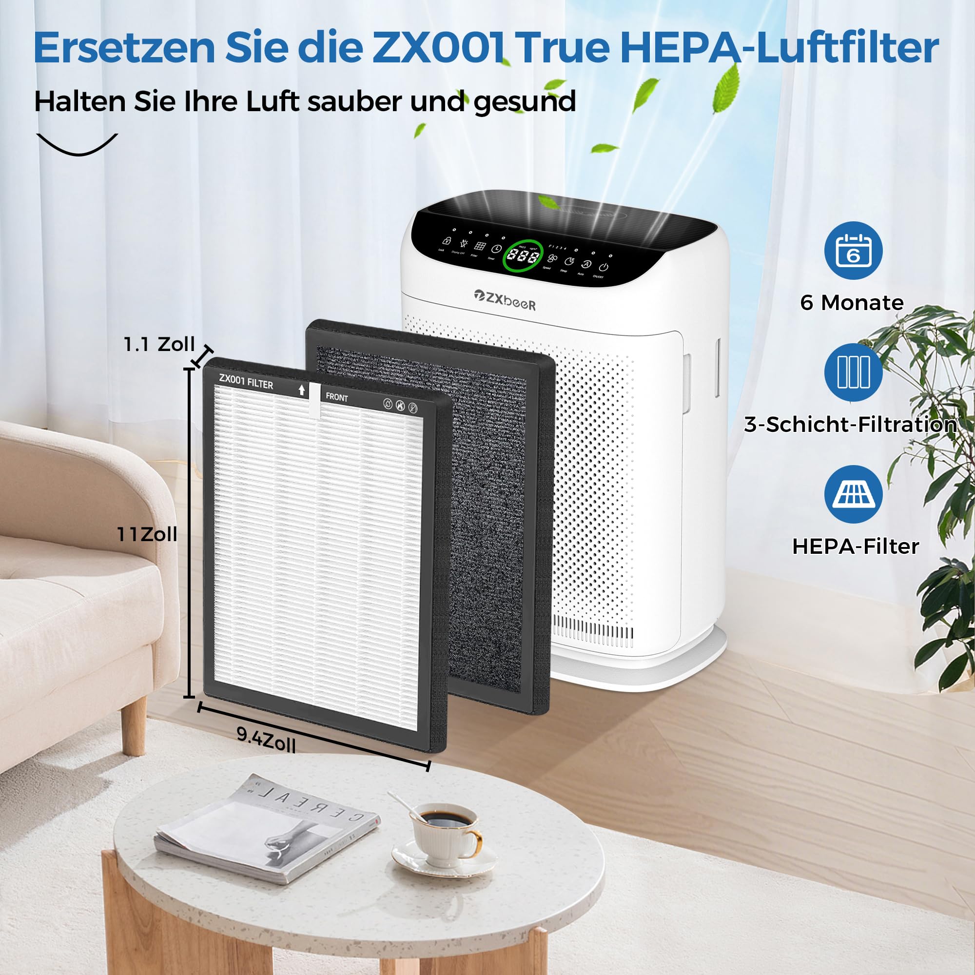 Ersatzfilter kompatibel mit dem ZX001-Luftreiniger, 3-in-1-HEPA- und Hochleistungs-Aktivkohlefilter für den Hausgebrauch, 2er-Pack