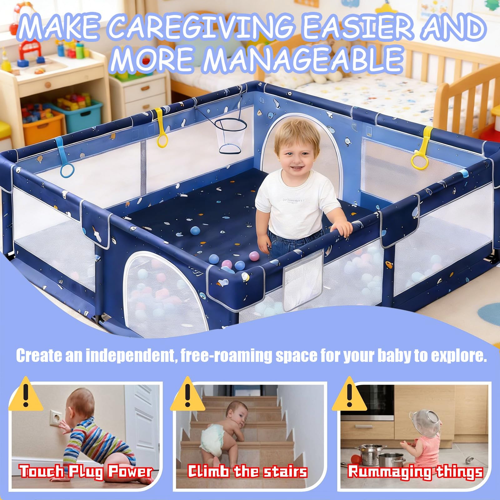 Verdego Parque infantil de 150 x 180 x 66 cm, plegable, con anillas para tirar, pelotas, malla transpirable 210D, color azul oscuro