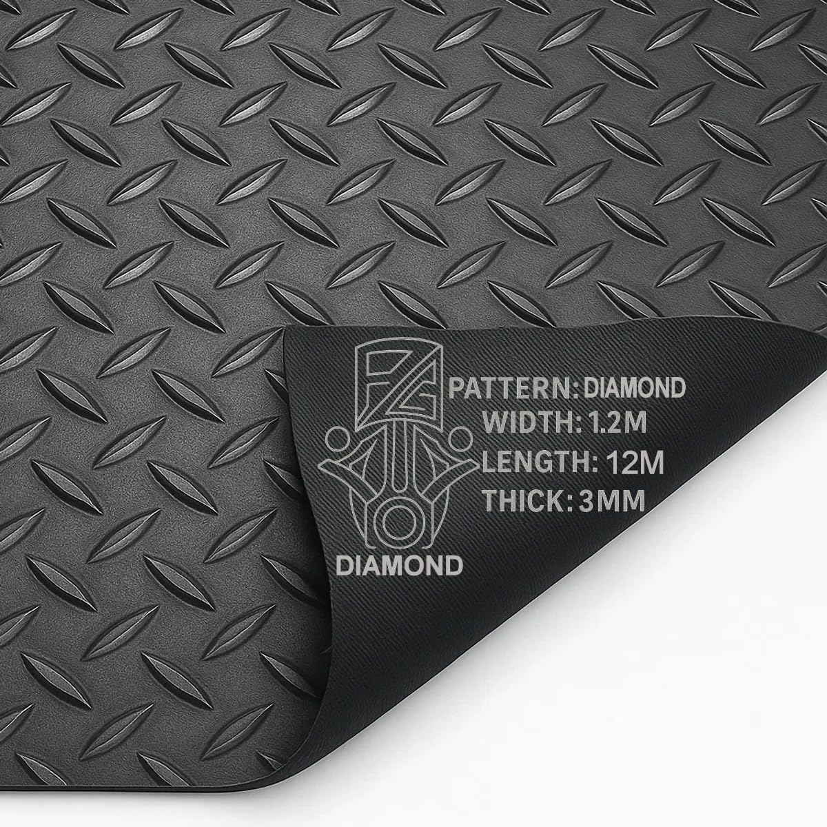 PG Floor Rubber Matting Roll 12m x 1.2m, 20m Black Non Slip Diamond Mat, Heavy Duty 3mm Thick Waterproof Flooring for Garage Gym Van Shed