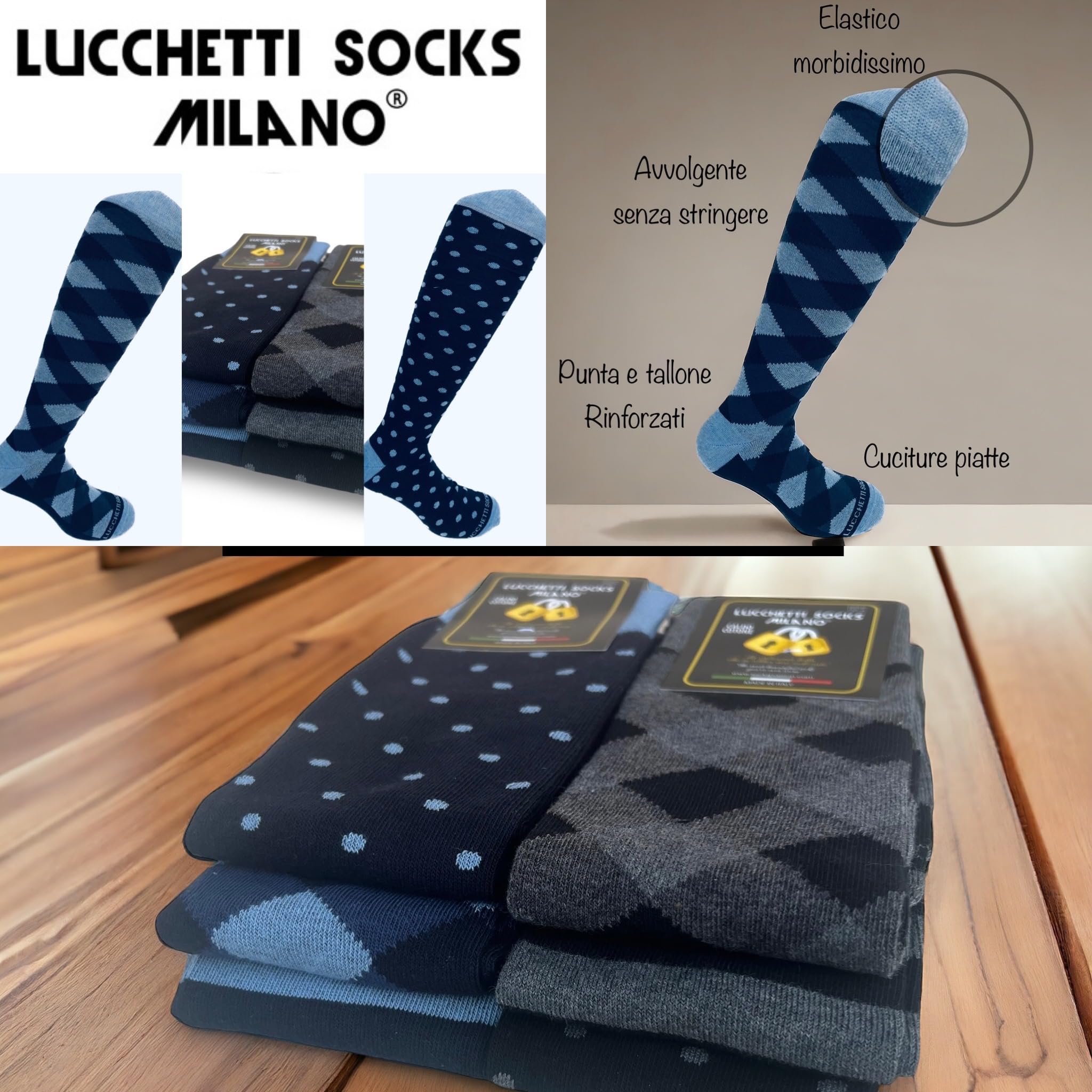 Lucchetti Socks Milano Pudełko Pomysł na prezent 6 par fantazyjne skarpety męskie długie wykonane we Włoszech kolorowe zimowe kropki paski wygodne, Zestaw I Love You, rozmiar uniwersalny