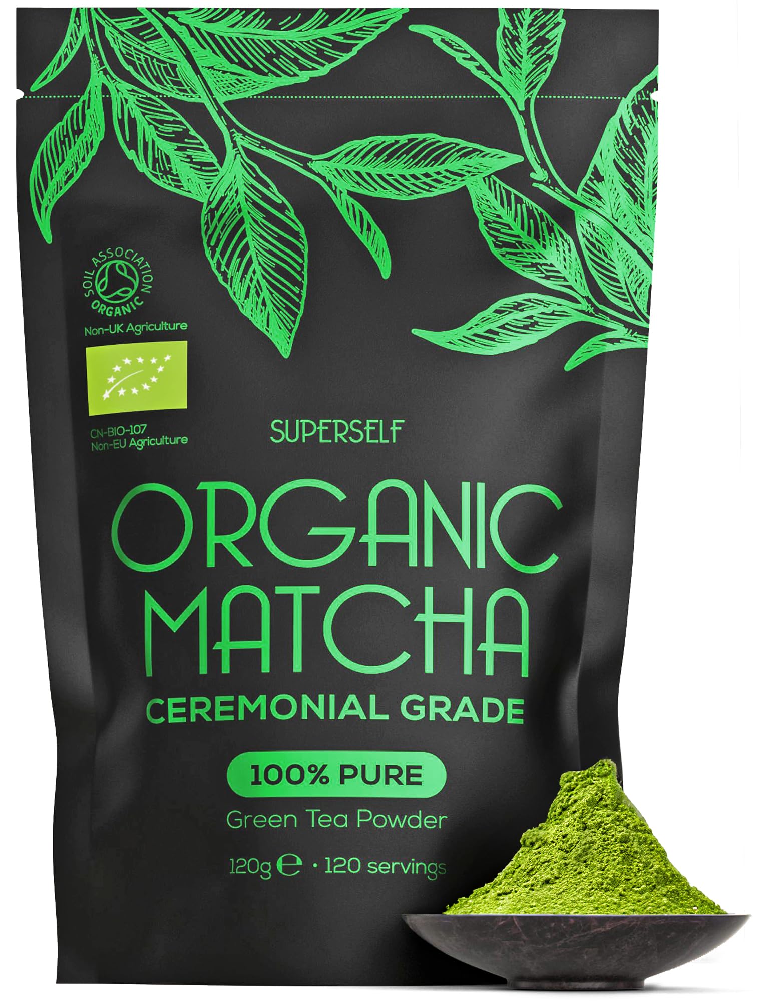 SuperSelf Organic Matcha Powder - Ceremonial Grade & 100% Pure - Smooth Taste & Vibrant Green - Macha for Straight Tea, Lattes, Baking - Certified Organic - Japanese Stone Ground Method - Large 120gEU Organic