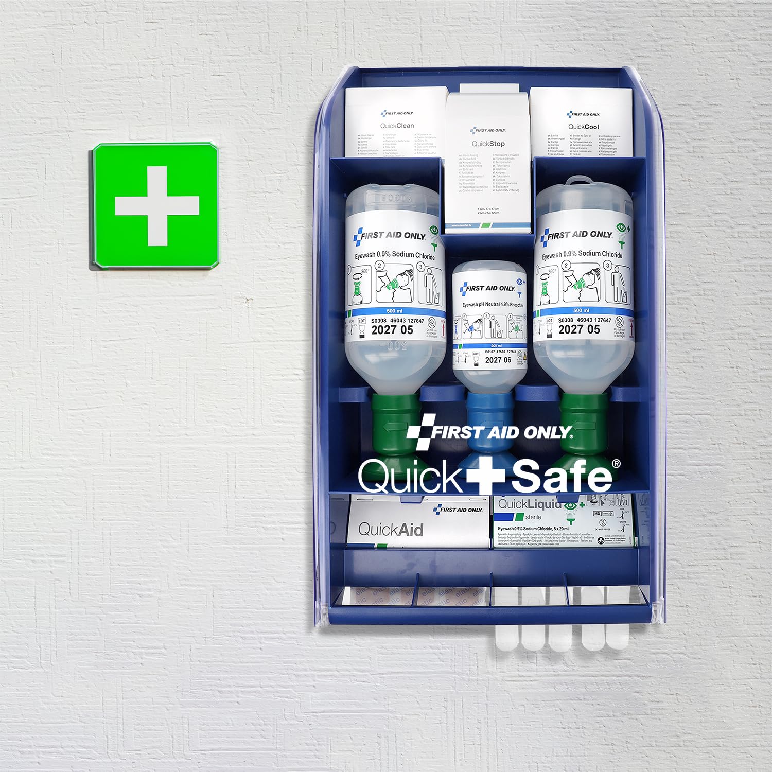 First Aid Only QuickSafe P-44027 00 - Estación de primeros auxilios para lesiones oculares, heridas, quemaduras y cortes, higiénico, a prueba de polvo, fácil de llenar