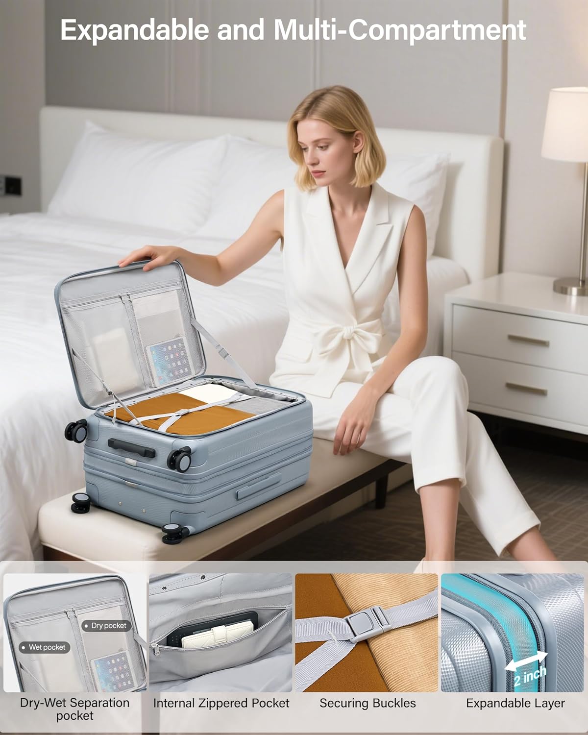 Hanke 26 Inch Expandable Luggage Top Opening Checked Bag Luggage Hard Shell Suitcases with Wheels Lightweight Travel Luggage Heavy Duty Luggage Suitcase with Lock for Woman Men-Grey - Image 6