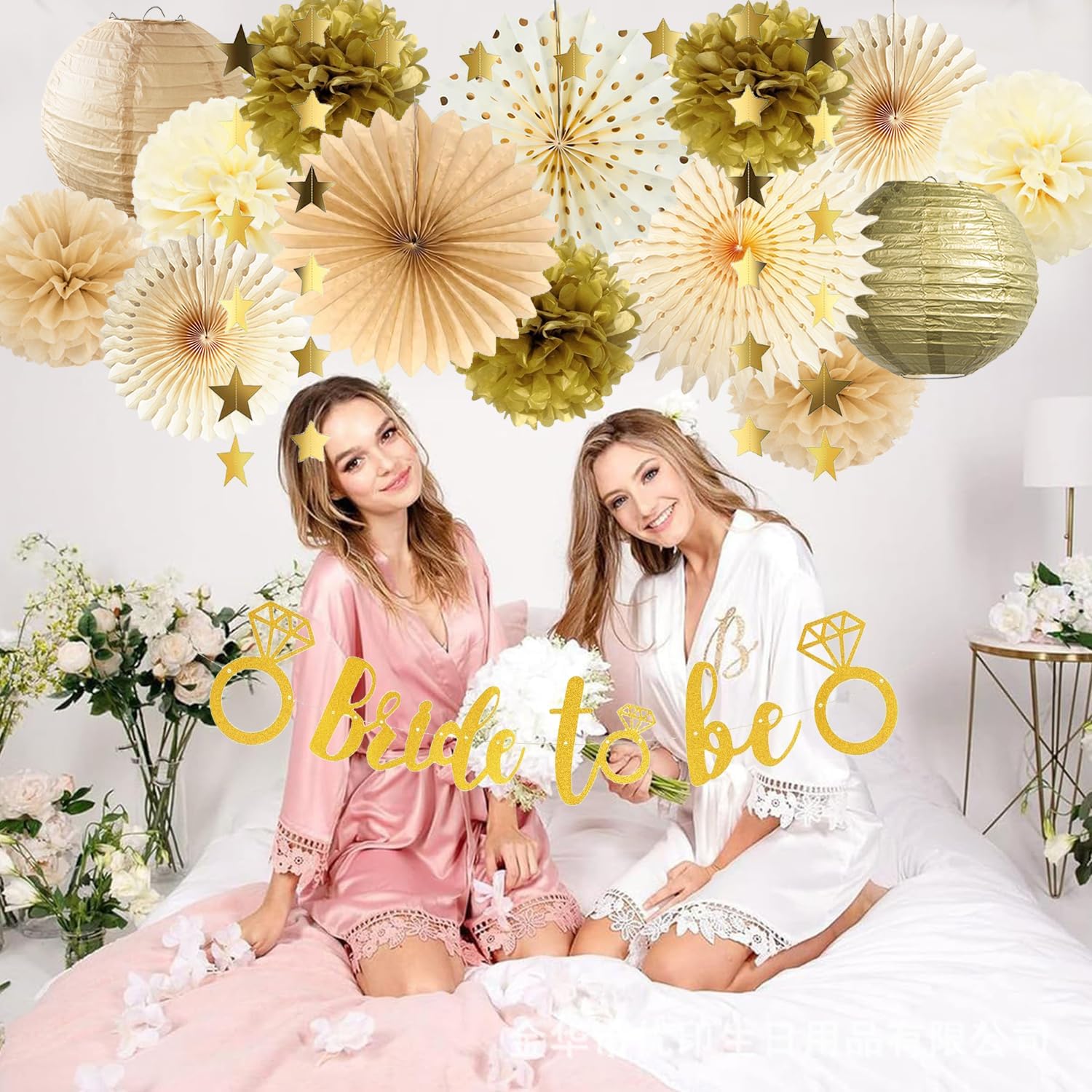 Bridal Shower Decorations Bride to Be Decoration Champagne Gold Cream Paper Pom Poms Lanterns Paper Fans Gold Star Garland for Bachelorette Party Wedding Bridal Shower Decoration - Image 4