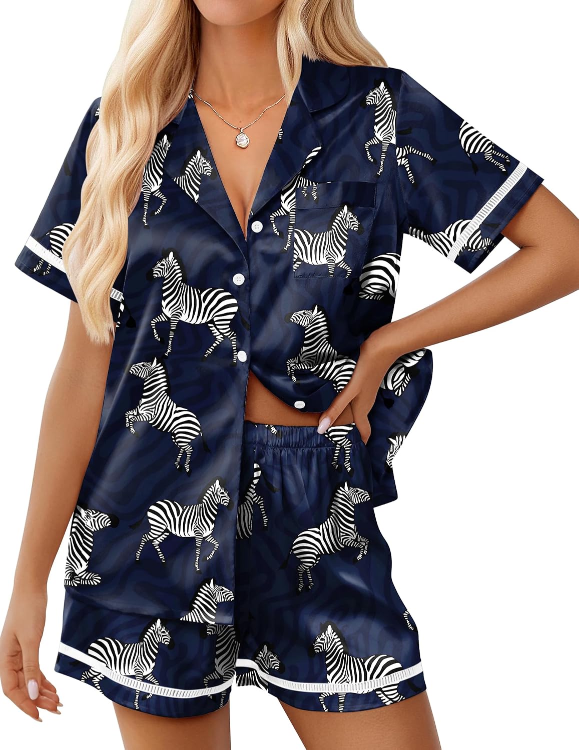 Ekouaer Women Silk Pajama Sets Button Up Satin Short Sleeve 2 Piece Pj Sets