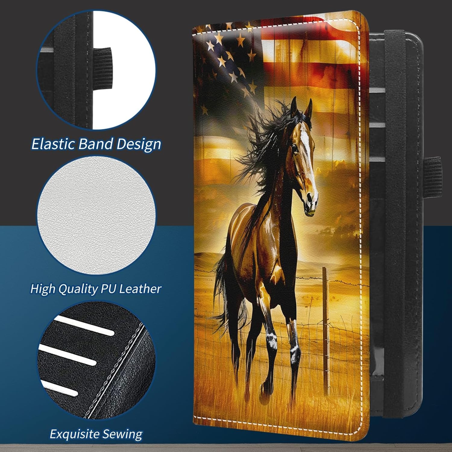 Checkbook Cover for Personal Checkbook for Men & Women Check Book Cover Wallet Cute Pu Leather with Pen Holder Card Slots Elastic Strap with Duplicate Checks American Flag Horse - Image 5